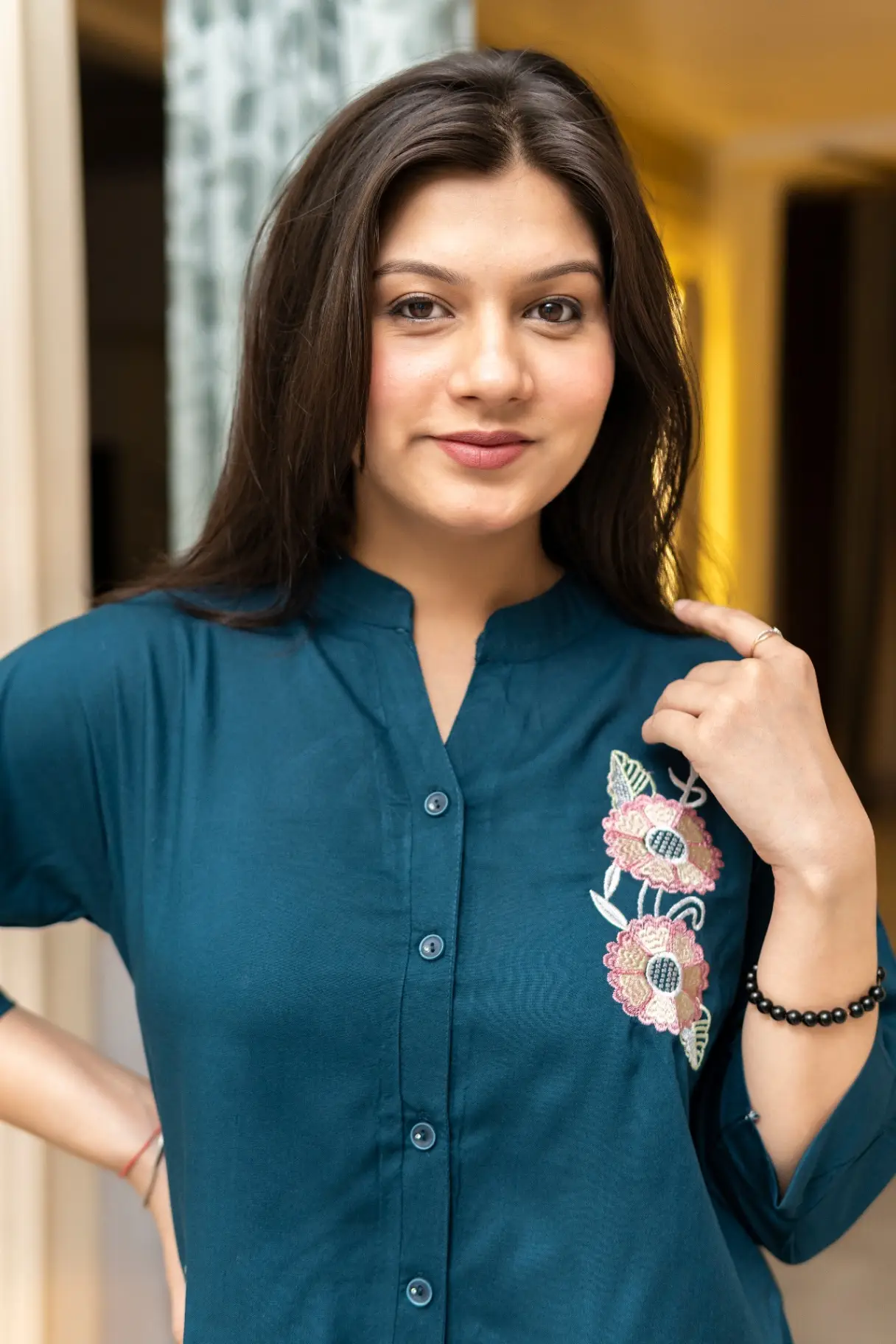 Women's Deep Teal Cotton-Blend Top with Floral Hand-Embroidery