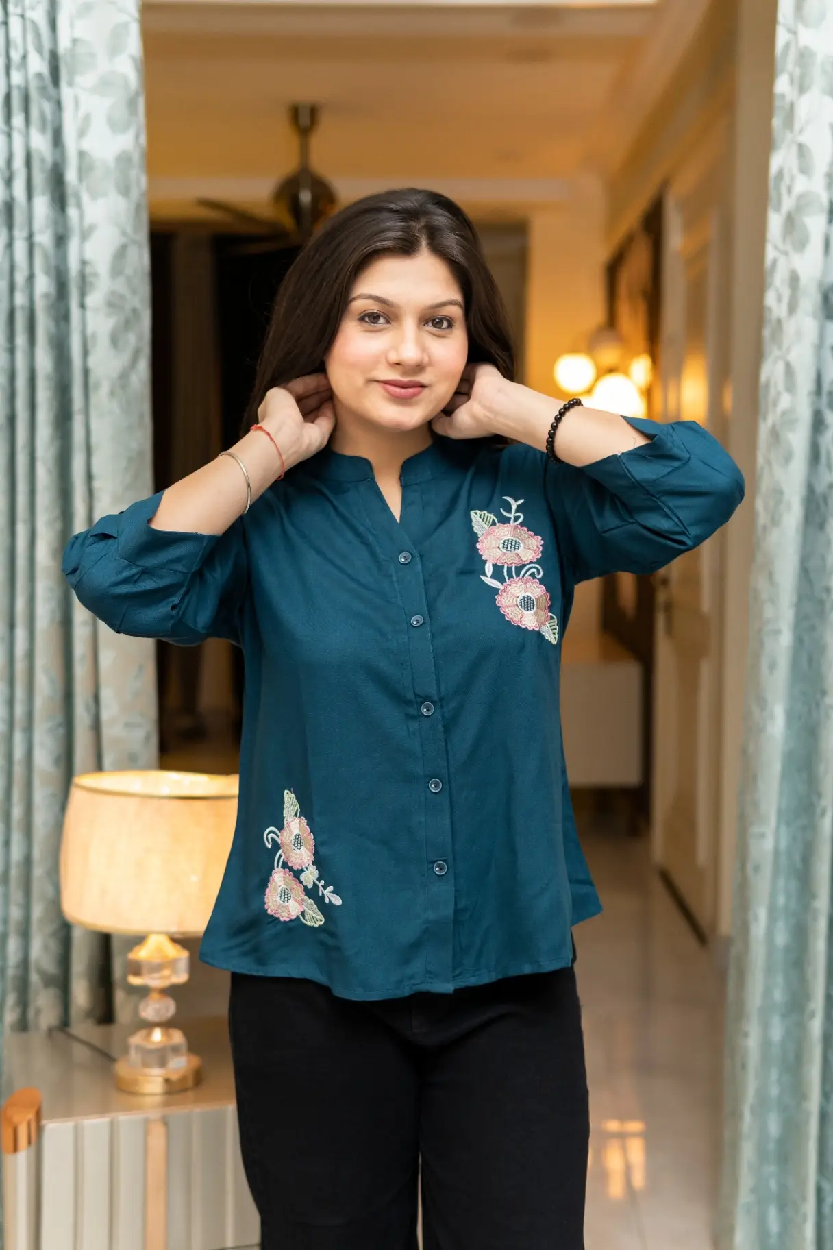 Women's Deep Teal Cotton-Blend Top with Floral Hand-Embroidery view 2