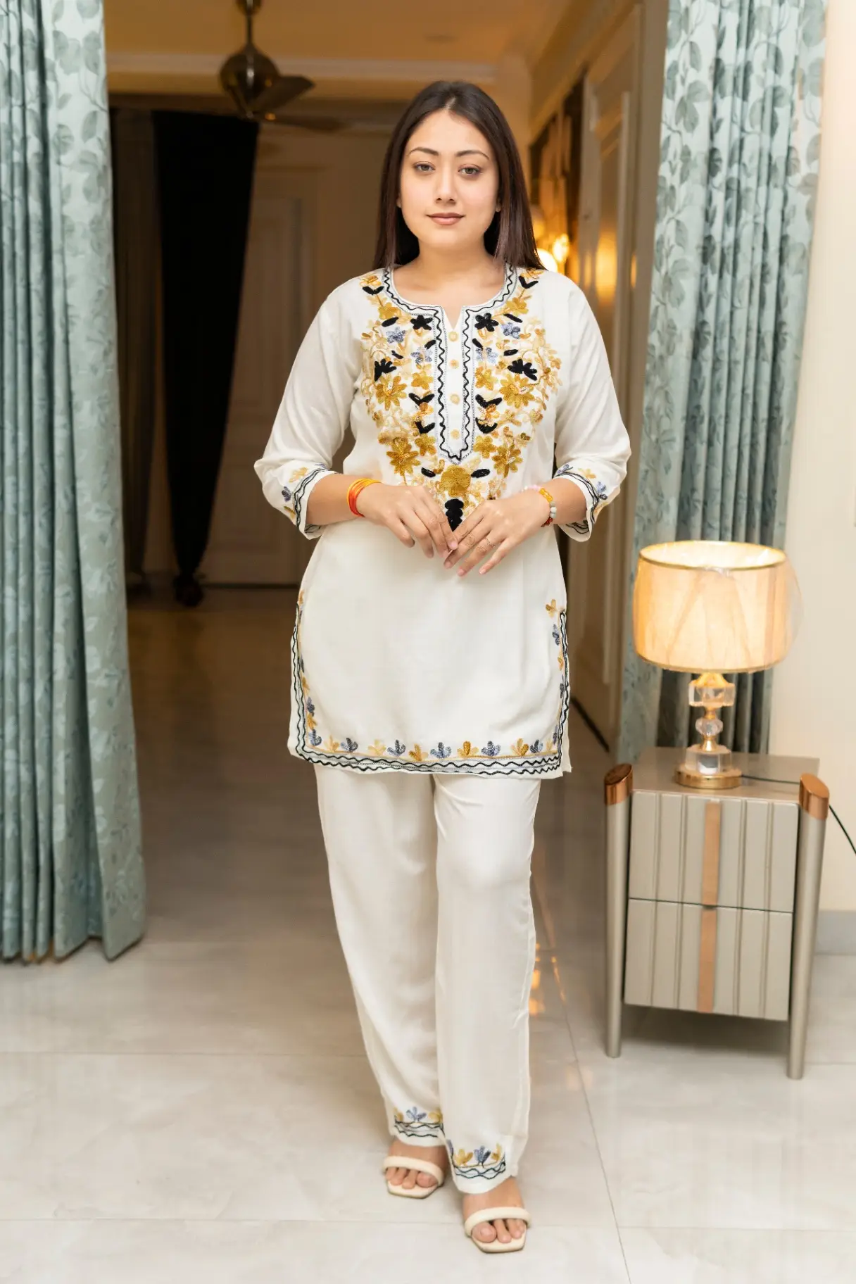 Women's White Pure Cotton Kashmiri Aari Embroidered Co-ord Set