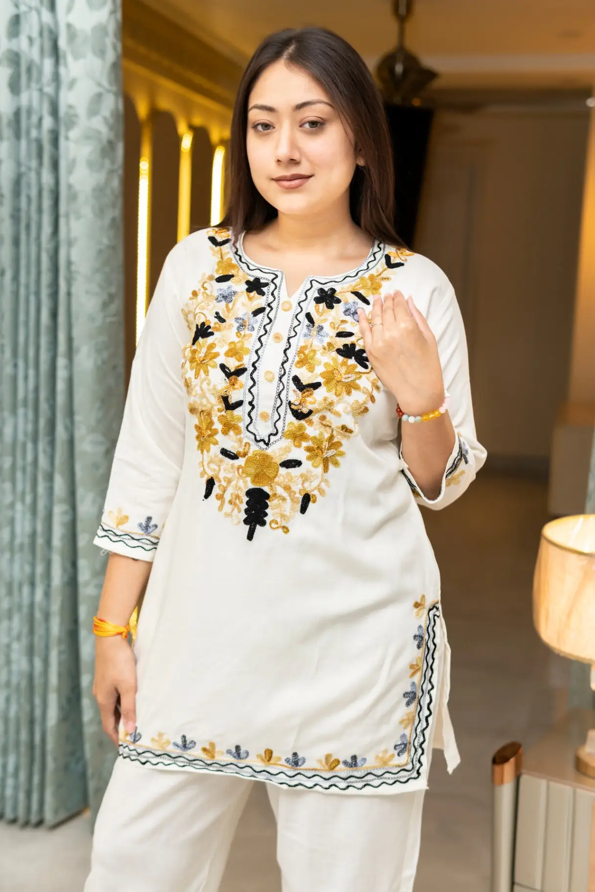 Women's White Pure Cotton Kashmiri Aari Embroidered Co-ord Set view 2