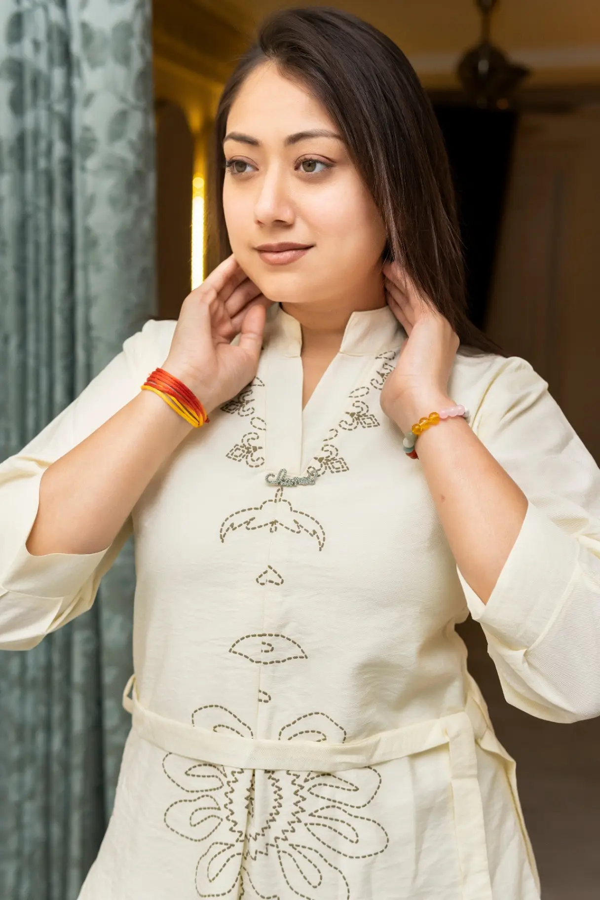 Women's Off-White Hand-Embroidered Khadi Cotton A-Line Midi Dress