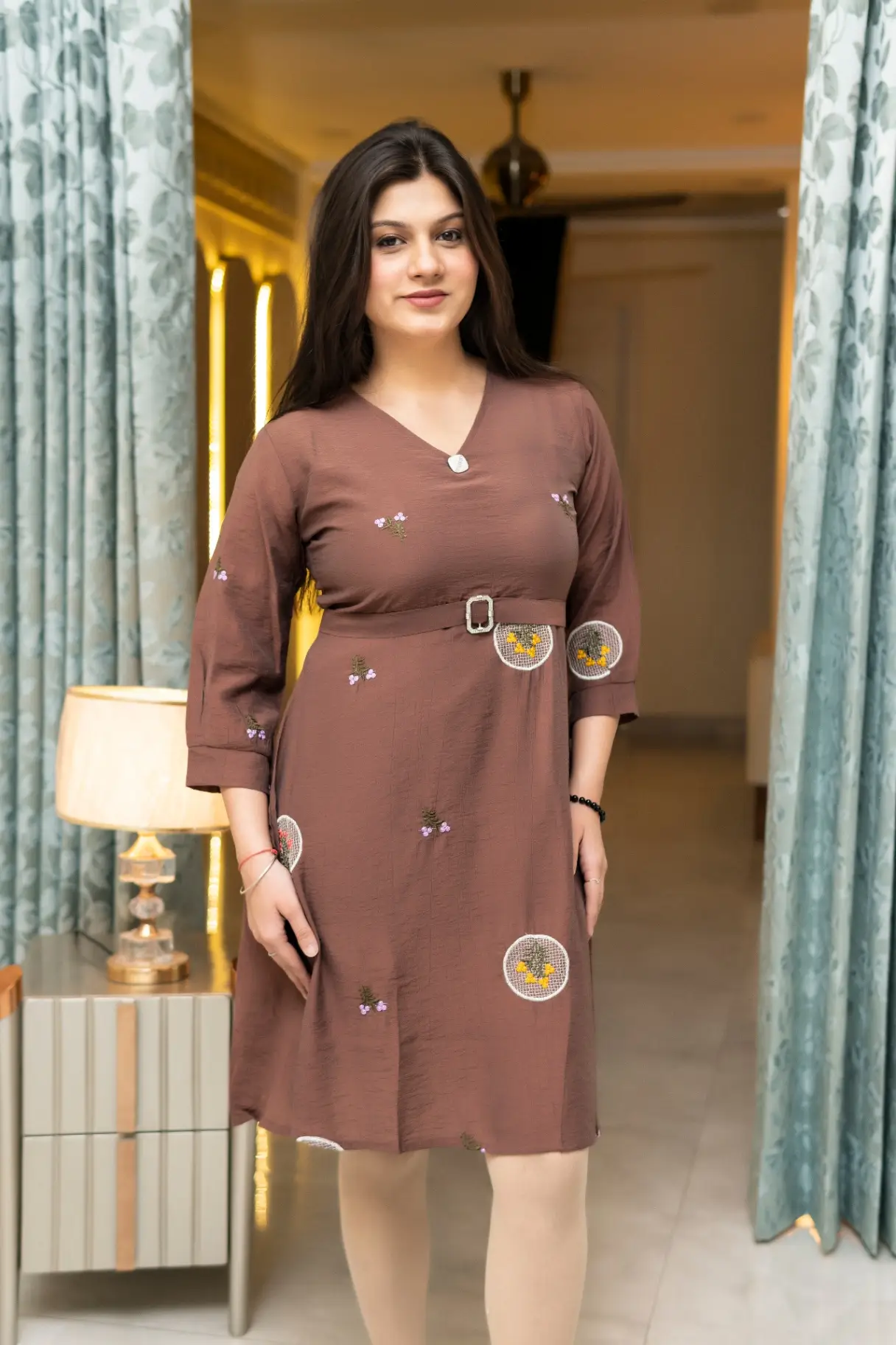 Women's Coffee Brown Embroidered Cotton A-Line Midi Dress with Belt
