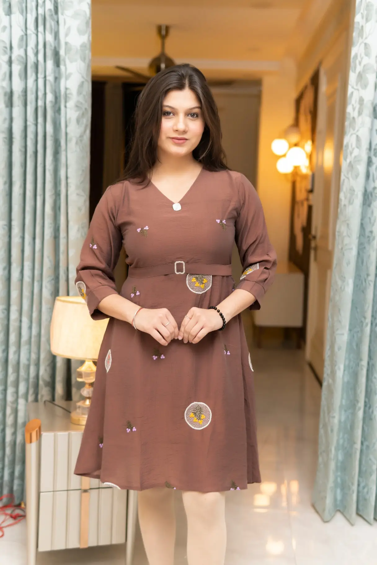 Women's Coffee Brown Embroidered Cotton A-Line Midi Dress with Belt view 2