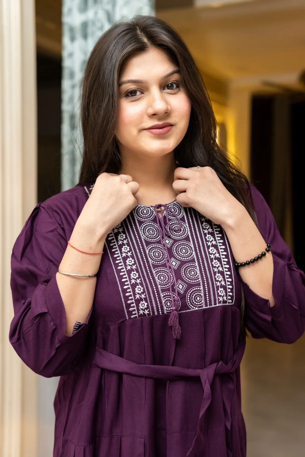 Women's Wine Embroidered A-Line Midi Dress with Waist Tie-Up