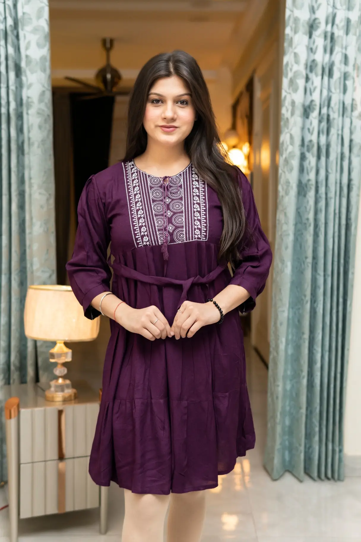 Women's Wine Embroidered A-Line Midi Dress with Waist Tie-Up view 2