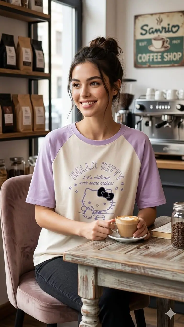 Lilac & Cream Hello Kitty Coffee Graphic T-shirt