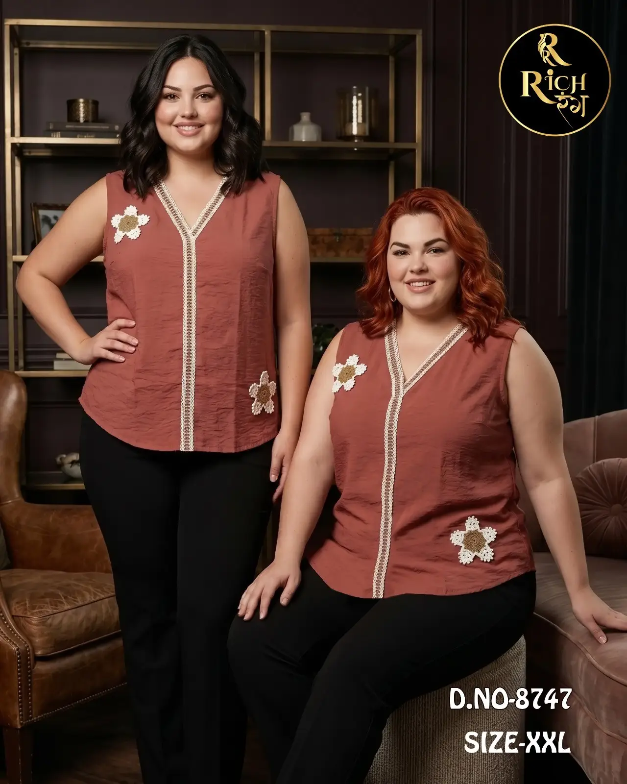 Plus Size Sleeveless Terracotta Top with Crochet Floral Appliqué