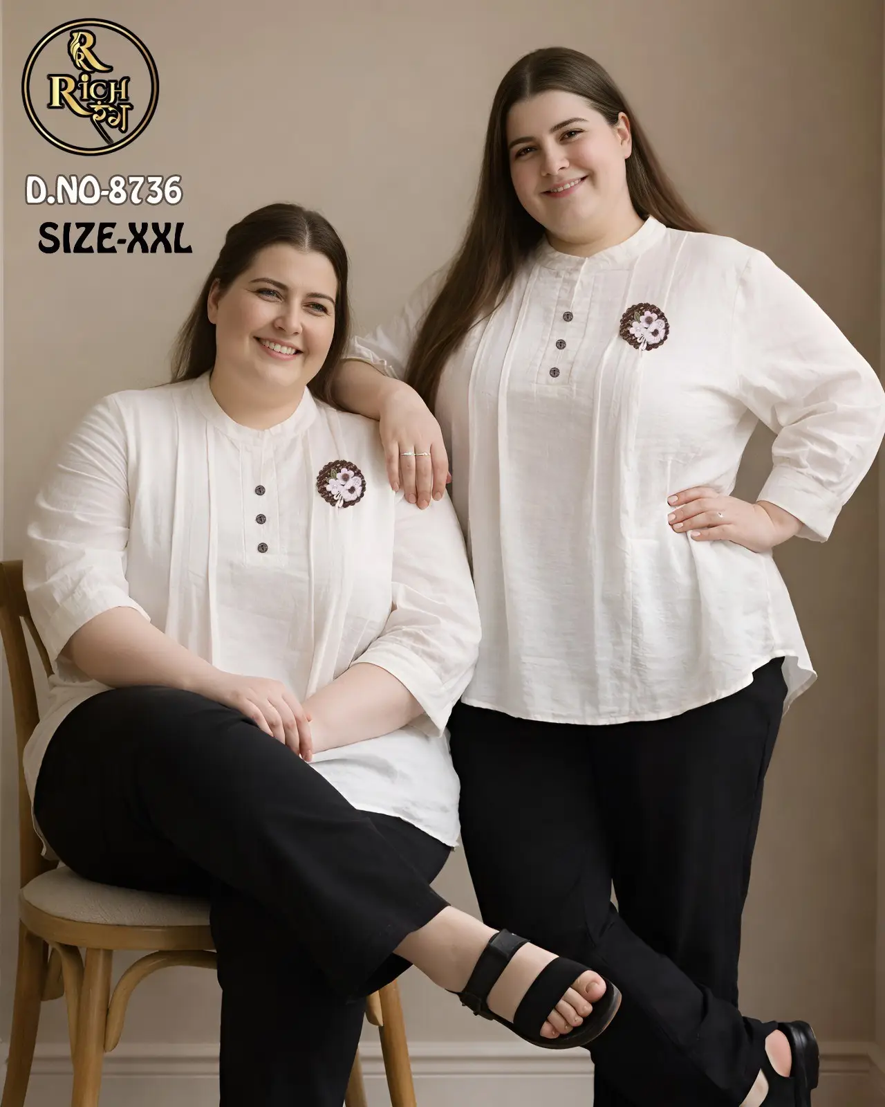Plus Size White Pintuck Top with Floral Medallion Embroidery