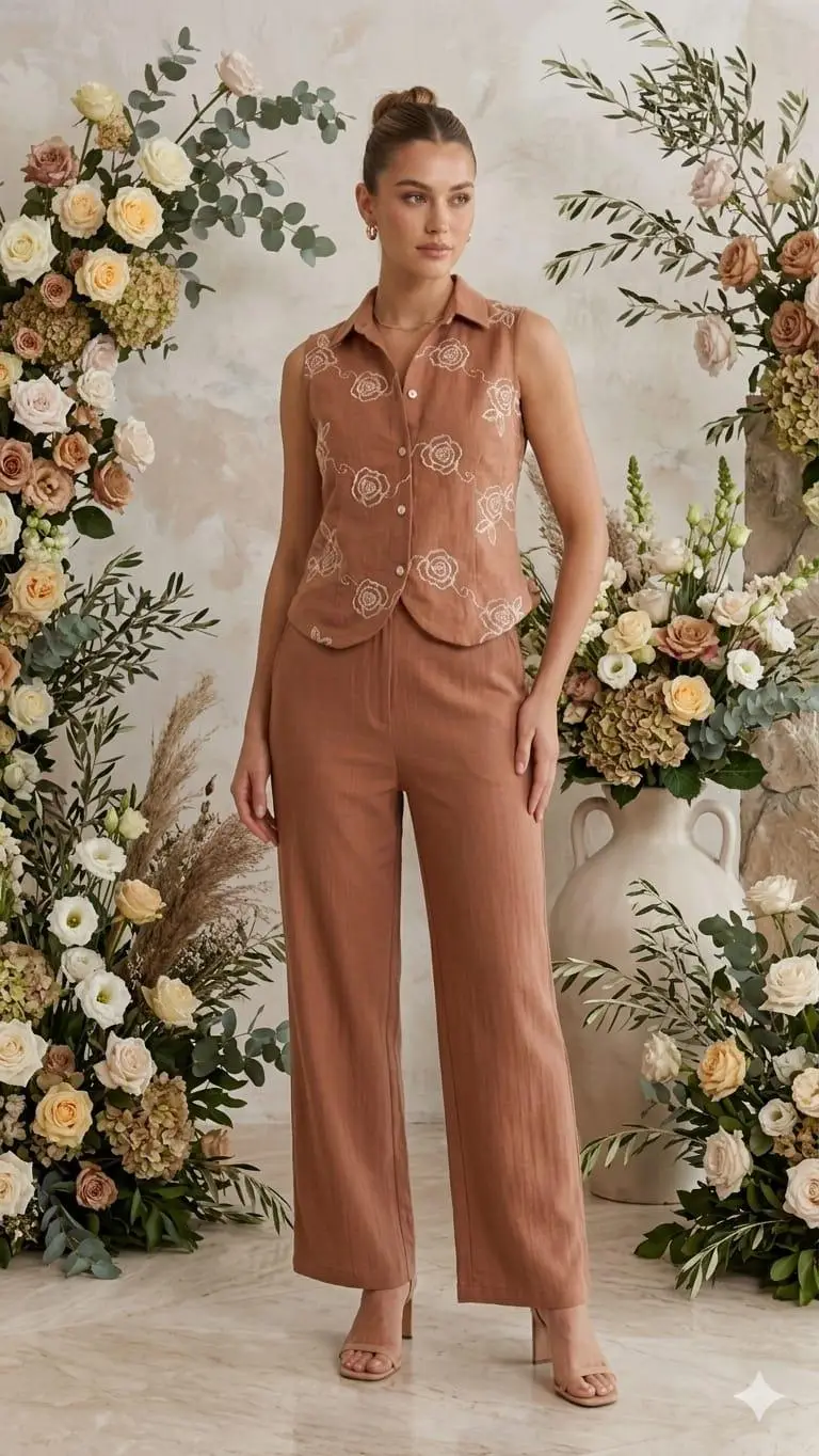 Terra Rose Linen-Blend Co-ord Set – Embroidered Waistcoat & Wide-Leg Trousers