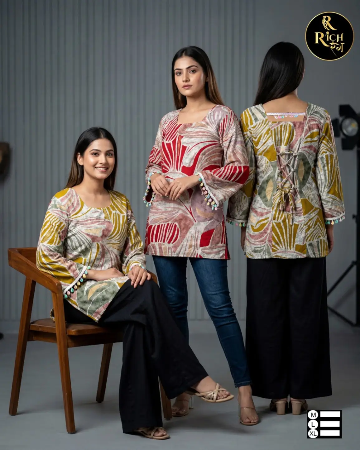 Abstract Print Short Kurtis with Pom-Pom Trim & Lace-Up Back