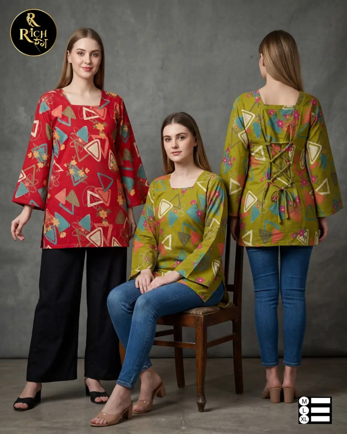 Geometric Print Short Kurtis with Corset-Style Back Tie