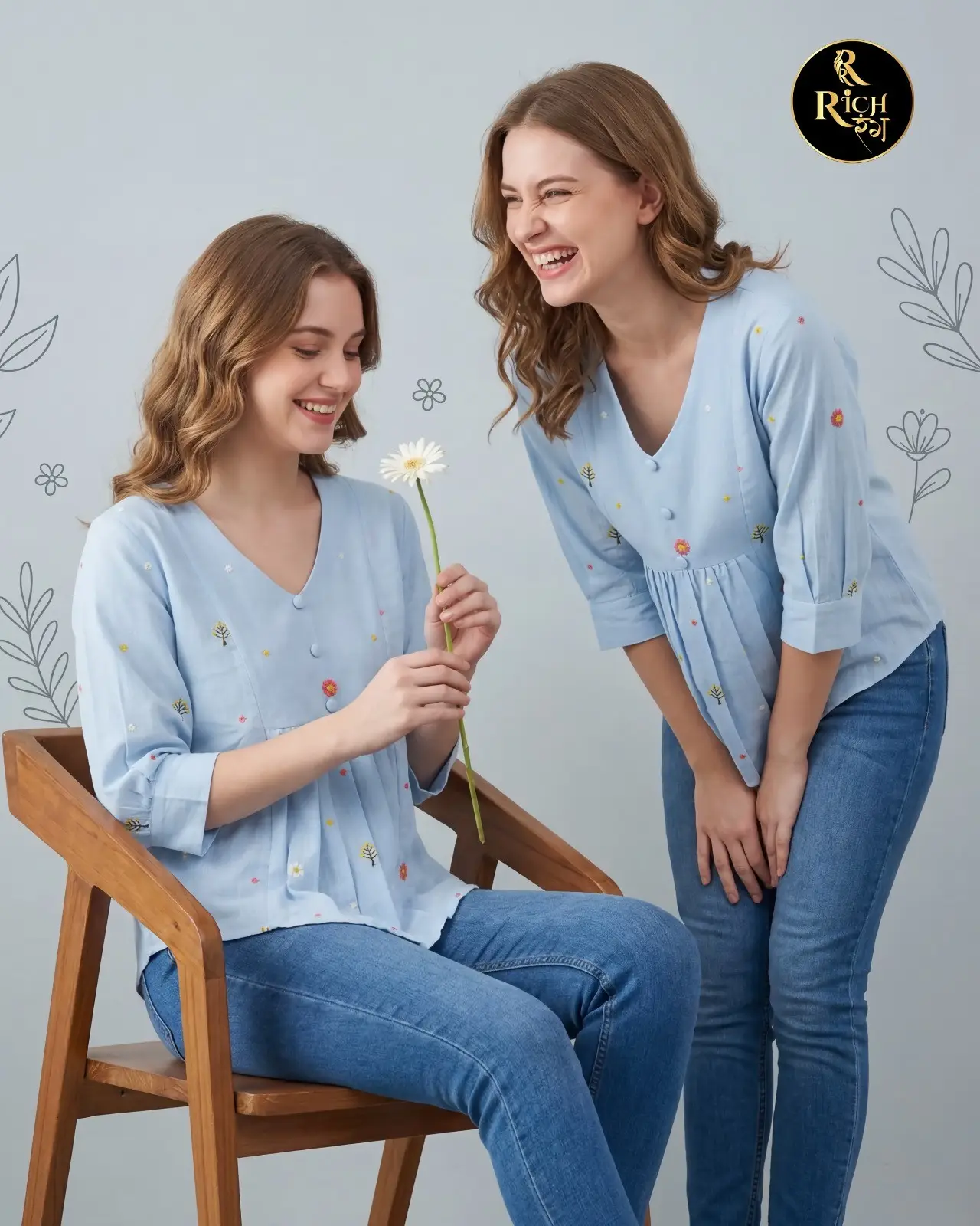 Sky Blue Peplum Top with Dainty Floral Embroidery