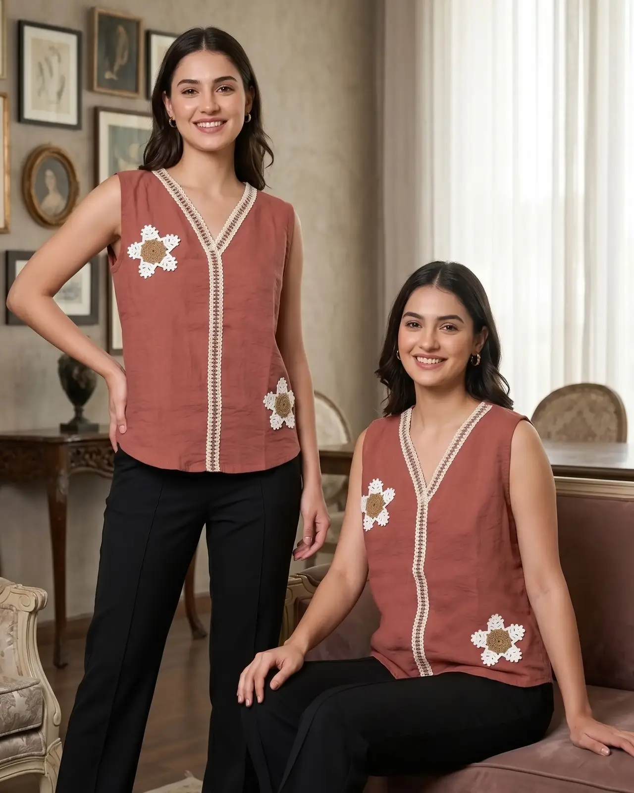 Sleeveless Terracotta Top with Crochet Floral Appliqué