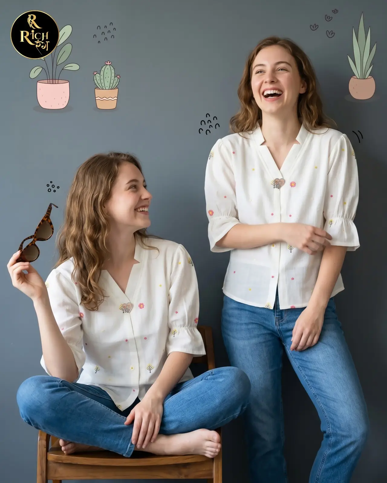 Ivory Puff-Sleeve Top with Whimsical Micro-Embroidery