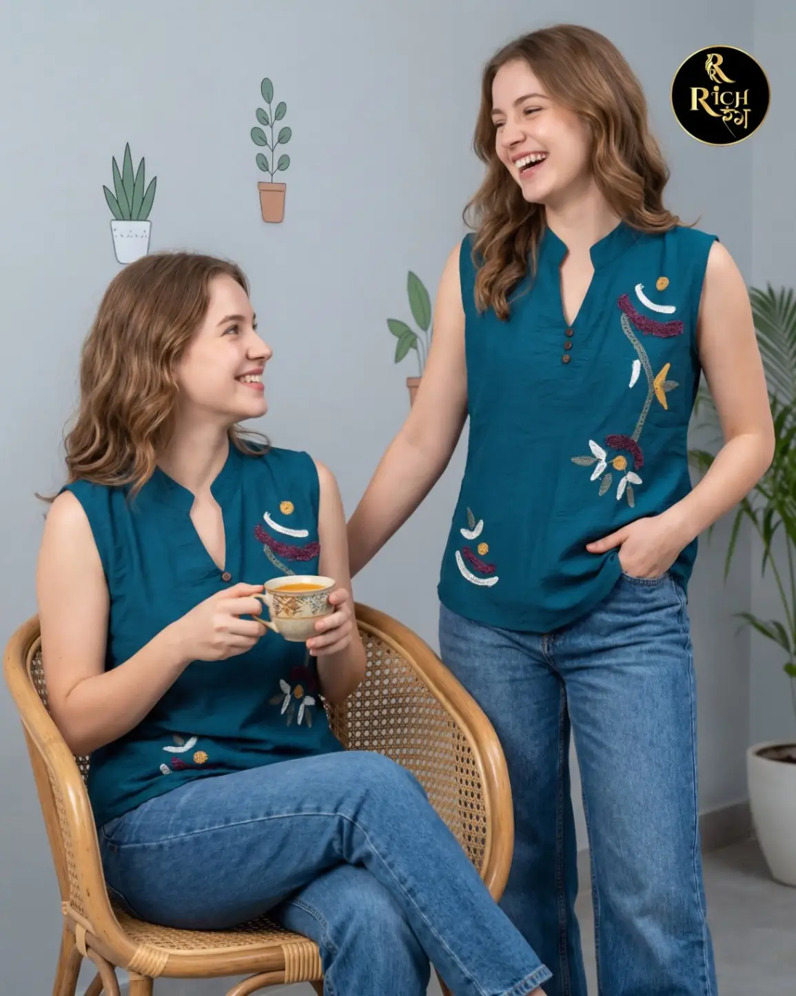 Sleeveless Teal Top with Abstract Botanical Embroidery