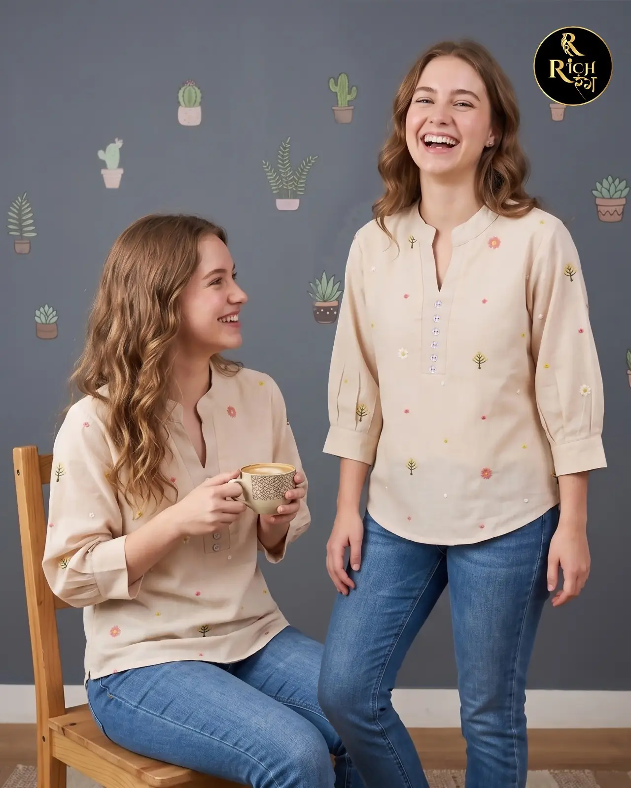 Beige Mandarin-Neck Top with Dainty Multi-Color Embroidery