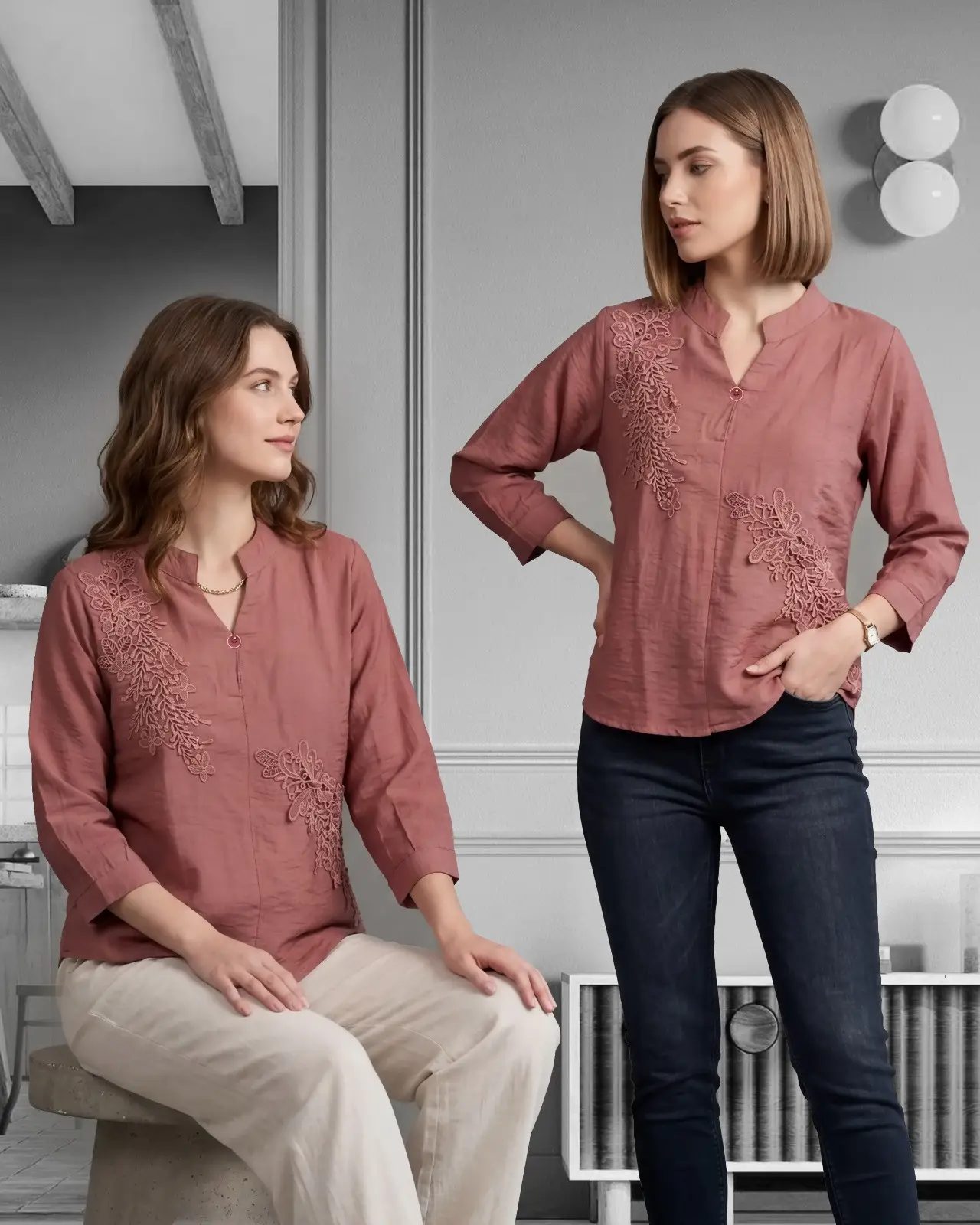 Mauve Cotton Top with Scalloped Lace Embroidery