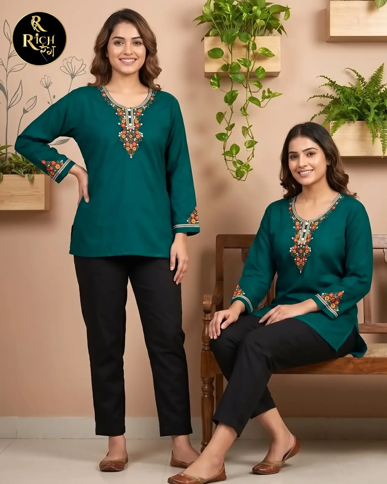 Emerald Green Short Kurti with Floral Medallion Embroidery