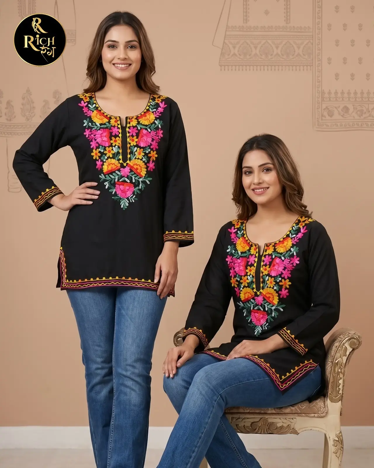Midnight Black Short Kurti with Neon Floral Phulkari Embroidery
