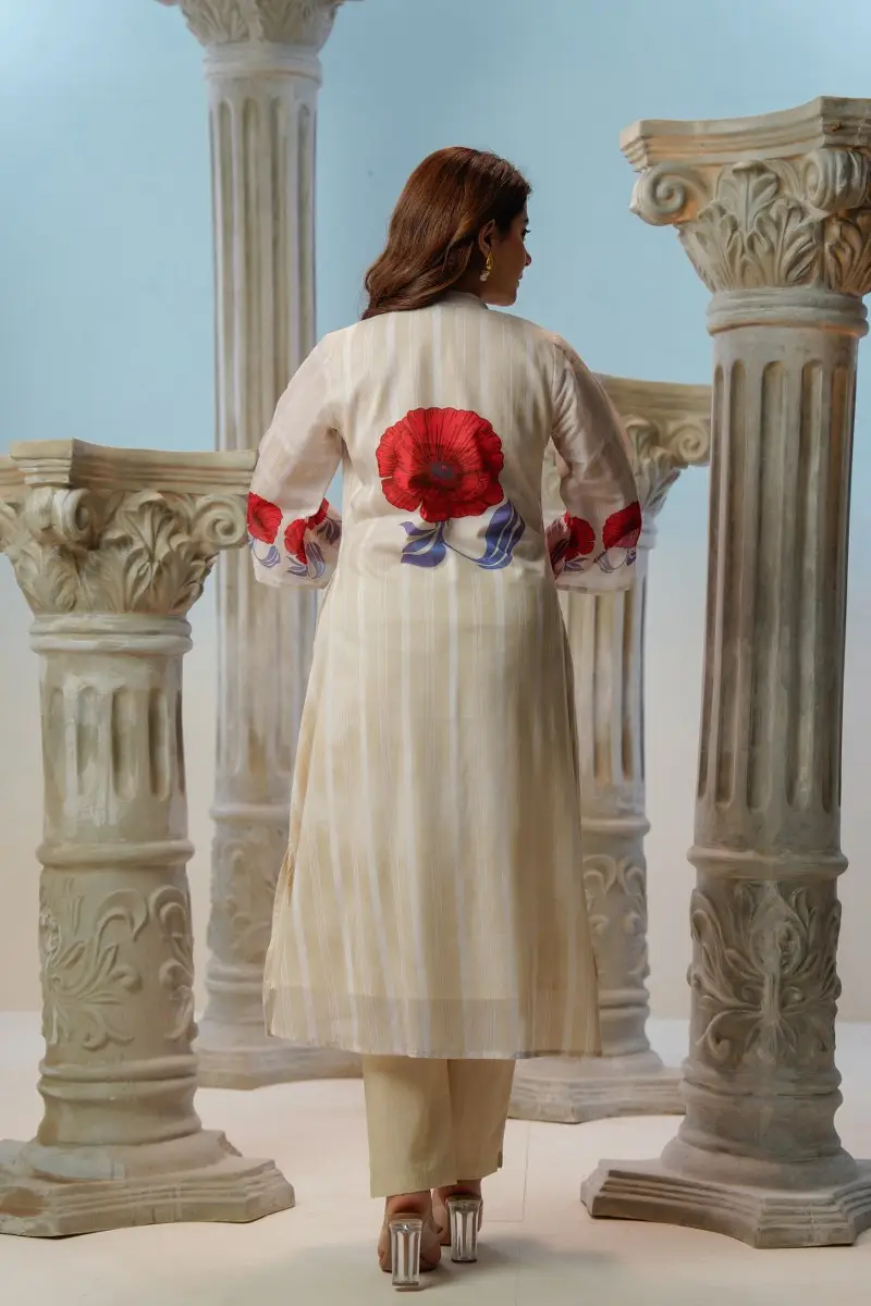 Off White Printed A-Line Kurta Trousers Set. view 2