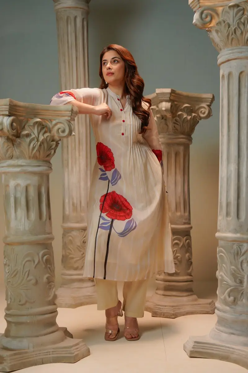 Off White Printed A-Line Kurta Trousers Set. view 3