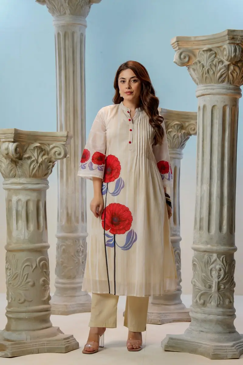 Off White Printed A-Line Kurta Trousers Set. view 4