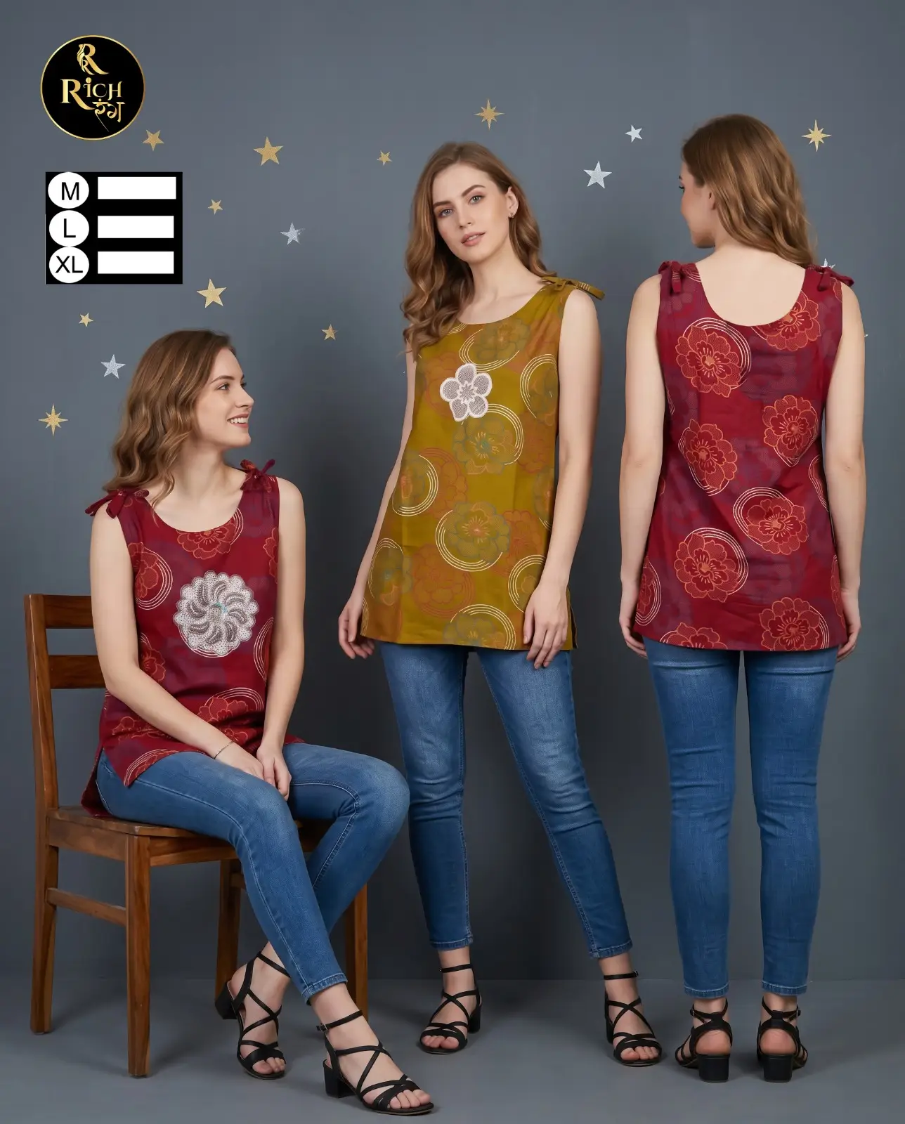 Floral Print Sleeveless Short Kurti with Shoulder Knot Detail
