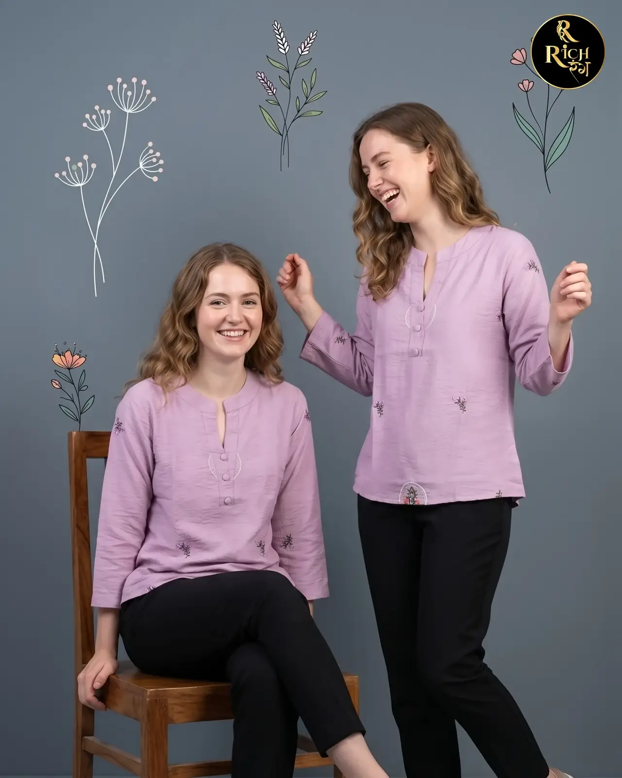 Lavender Color Top with Pastel Floral Embroidery