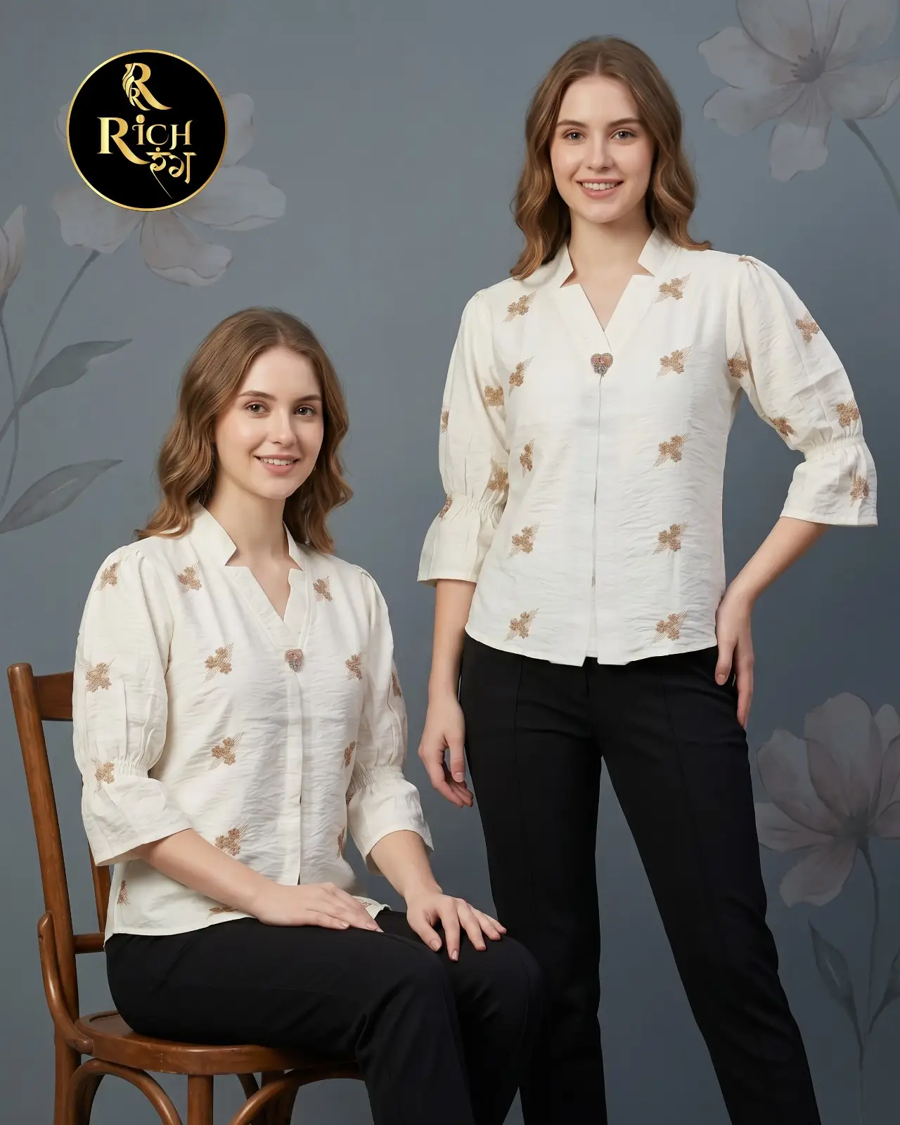 Ivory Blossom Mandarin V-Neck Top