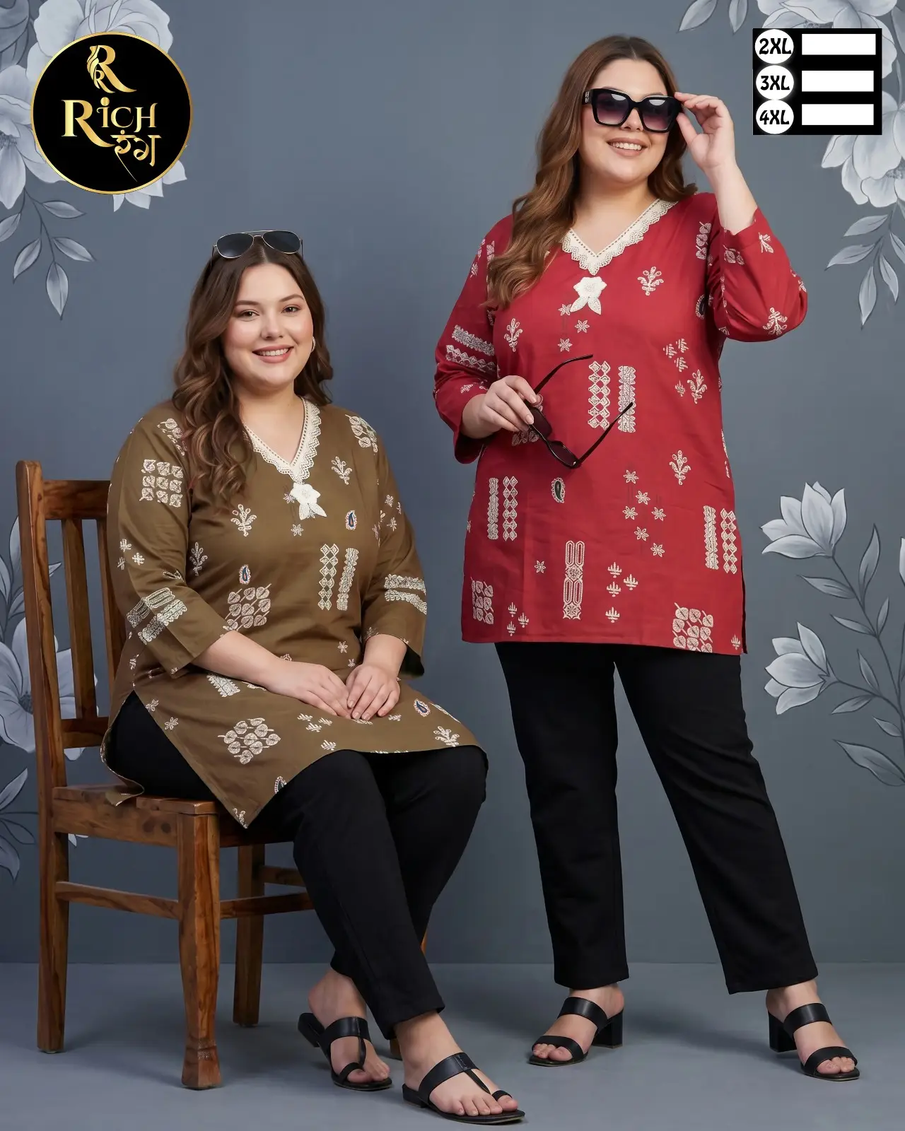 Festive Bloom Lace-Trim Plus Size Kurti