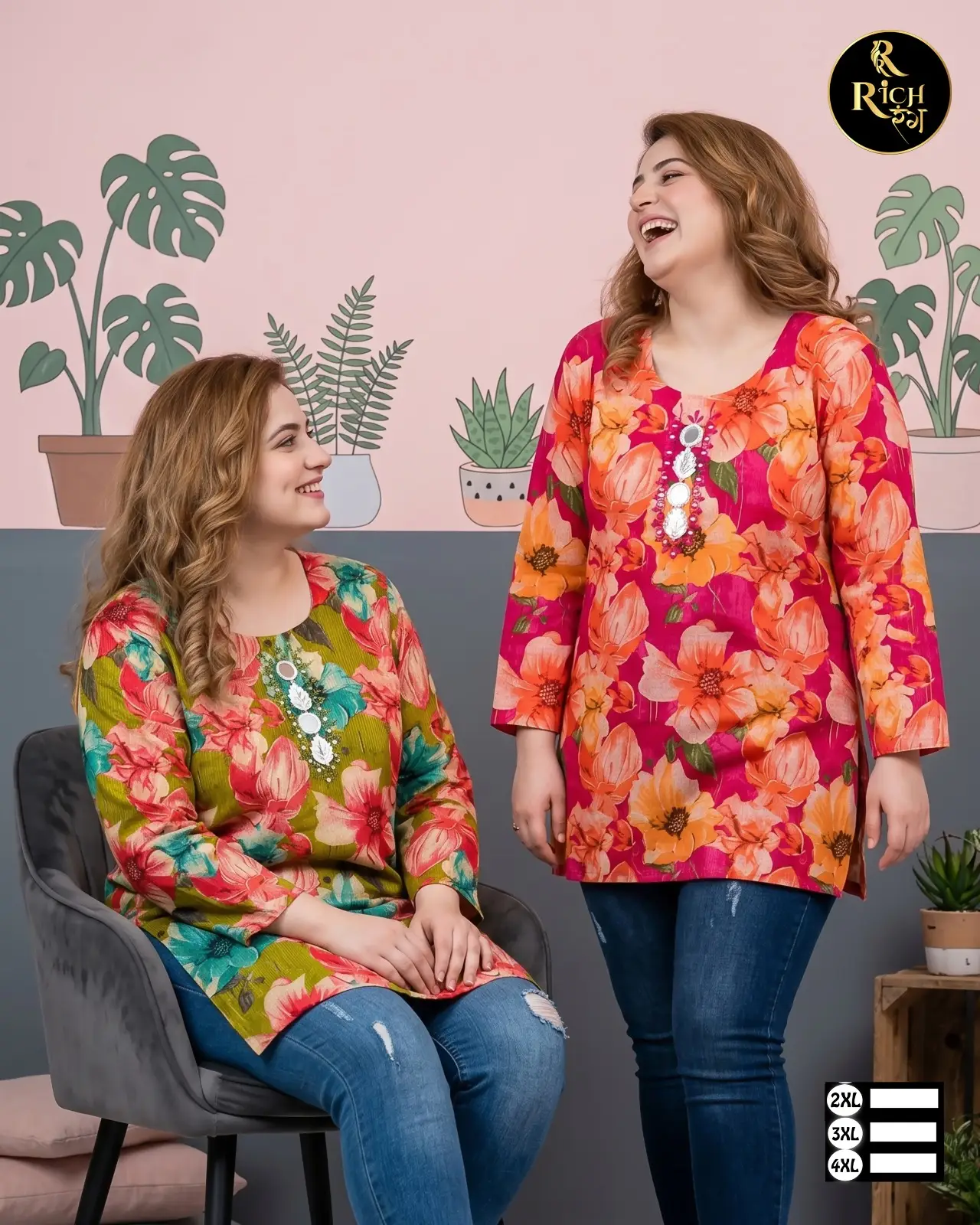 Meadow Splash Mirror-Accent Plus Size Kurtis