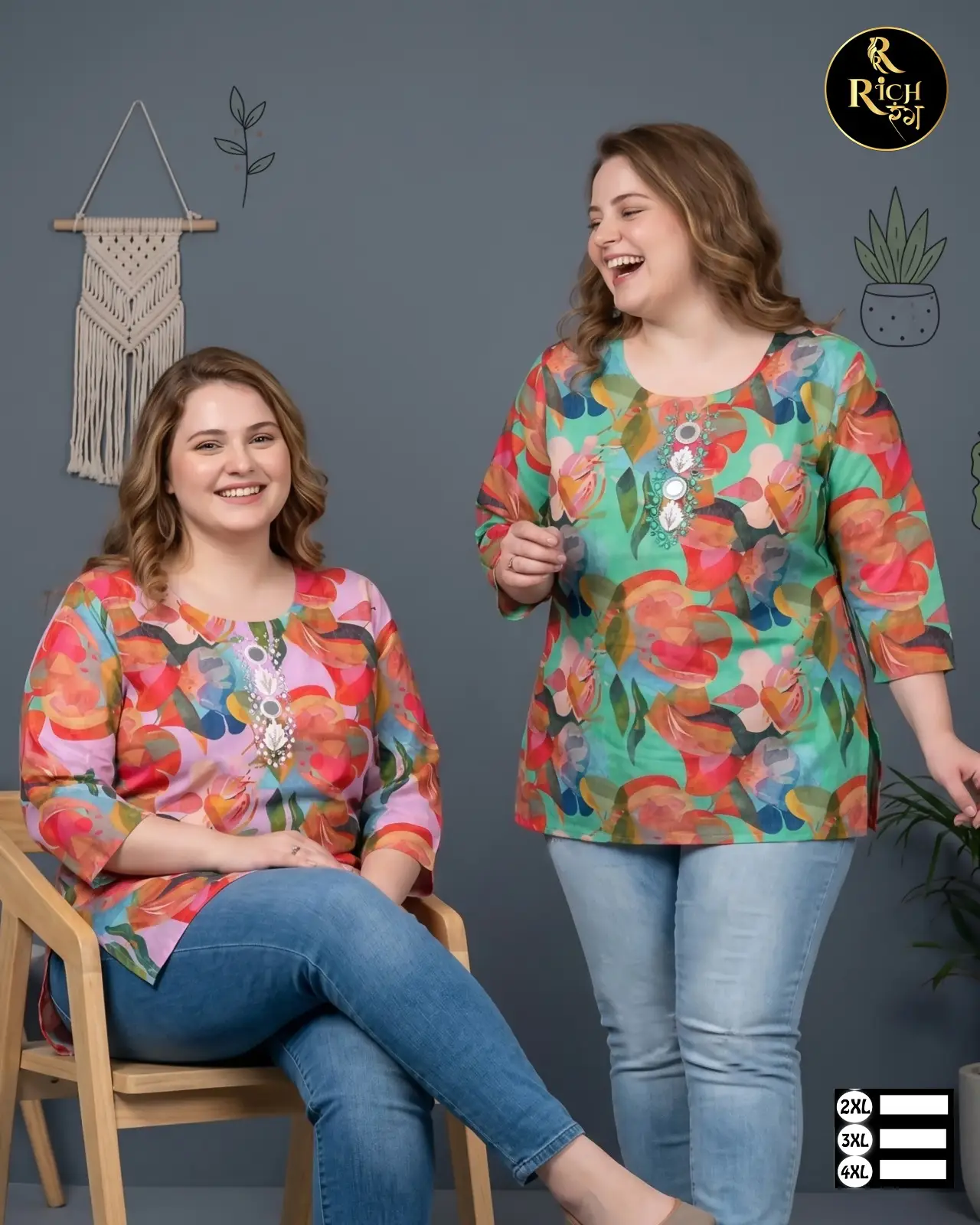 Kaleidoscope Bloom Mirror-Accent Plus Size Kurtis