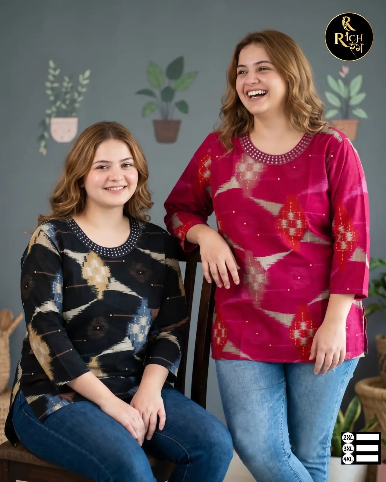 Ikat Geometric Mirror-Trim Plus Size Kurtis