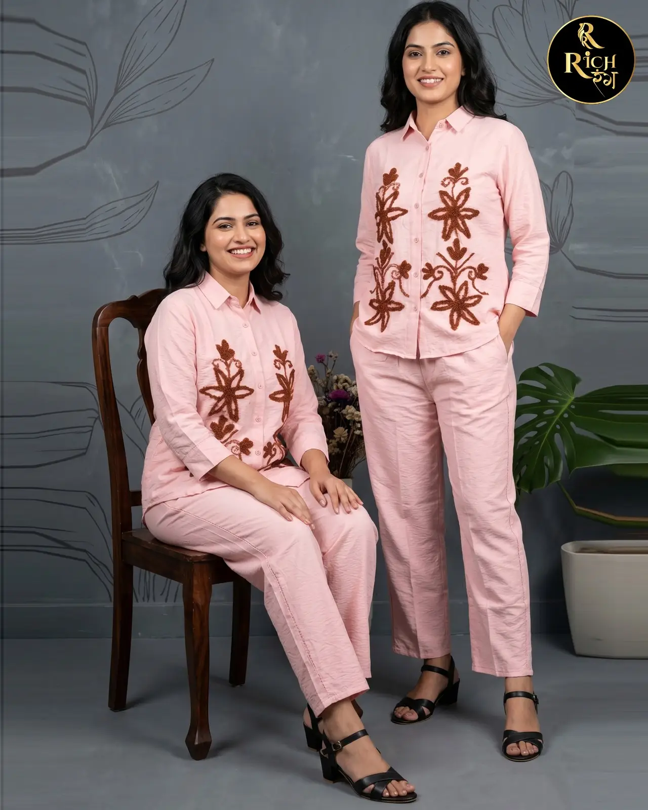 Pastel Pink Floral Embroidered Shirt Co-Ord Set