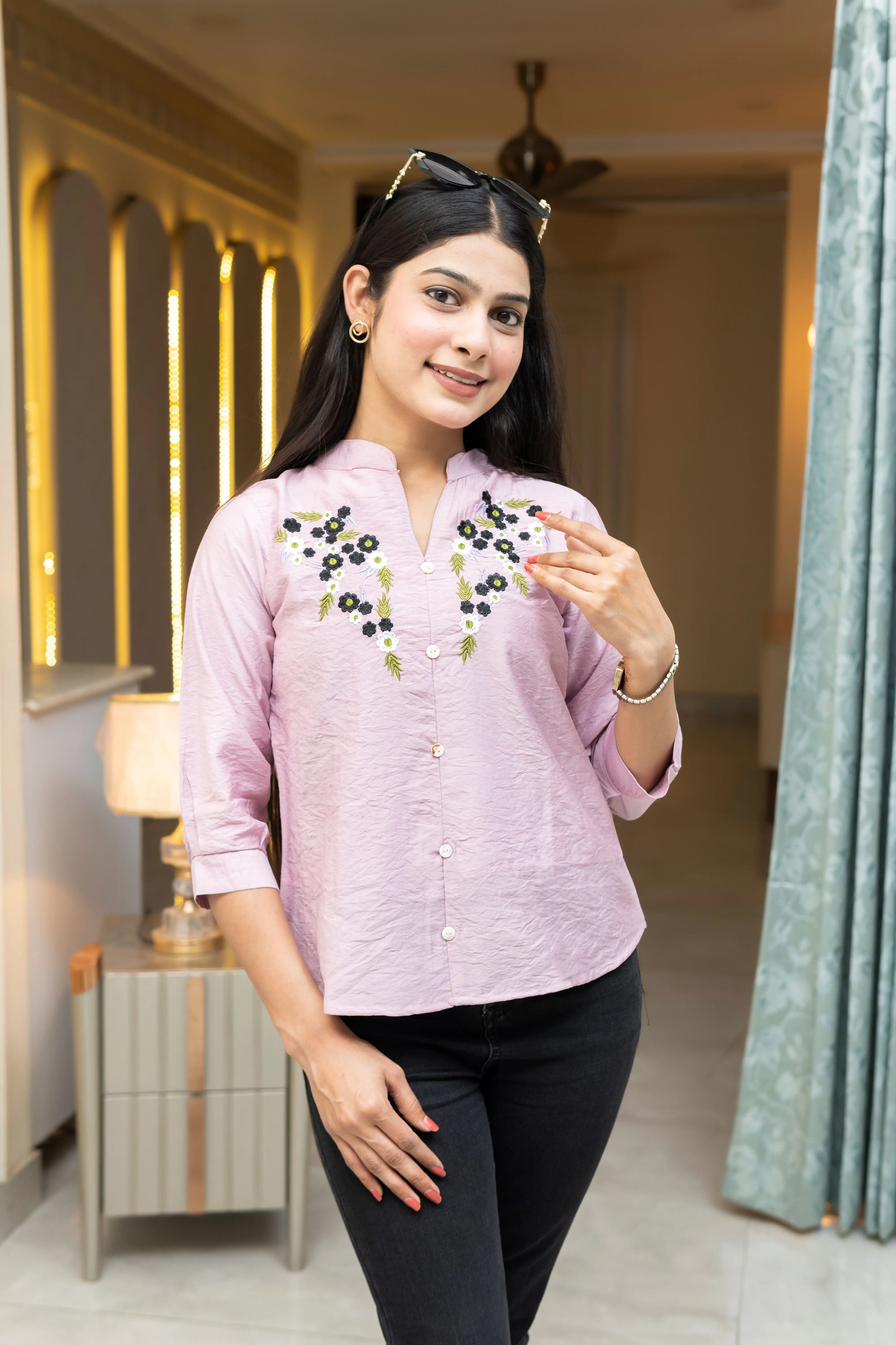 Lavender Mist Floral Embroidered Mandarin Collar Top