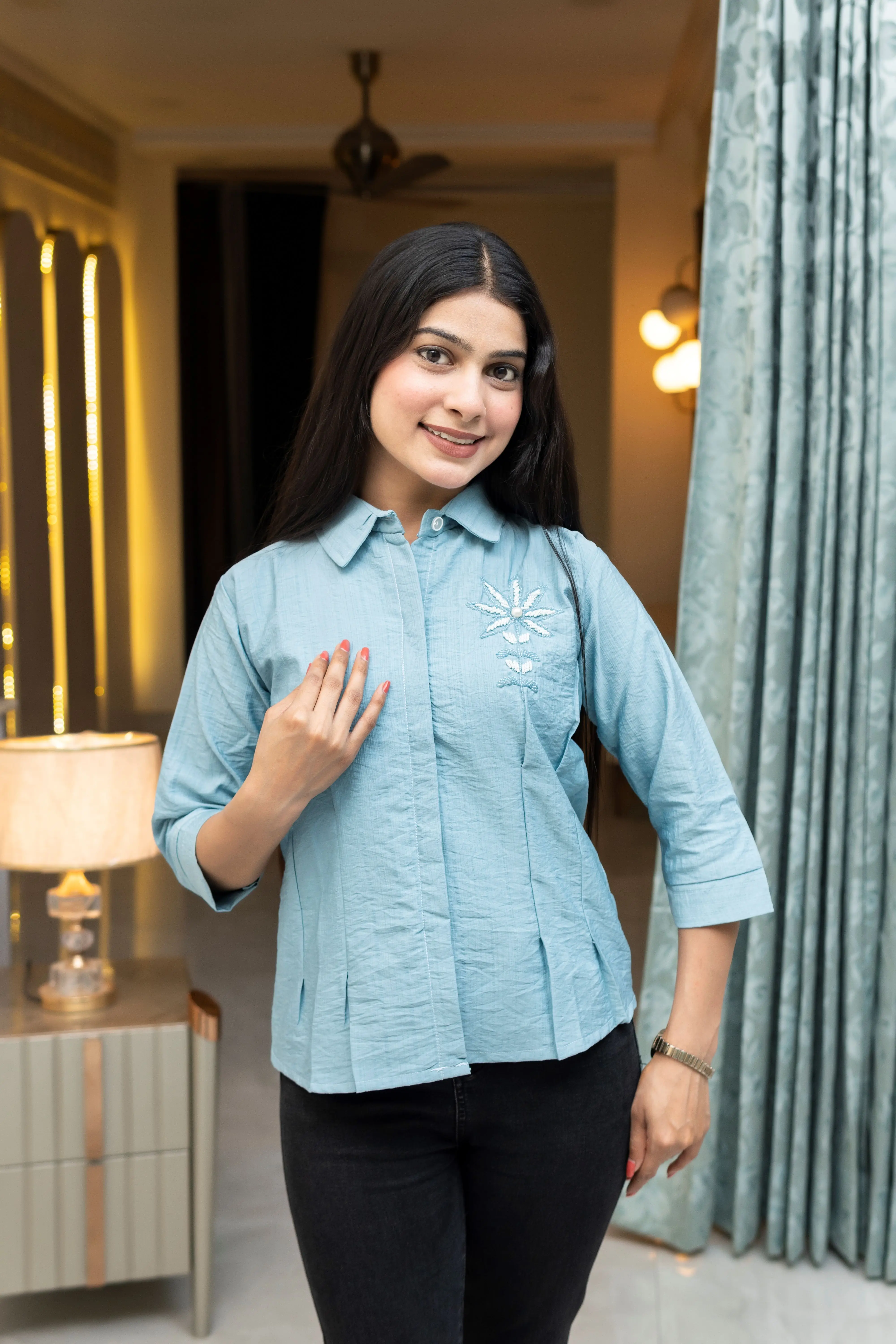 Powder Blue Pleated Shirt Top with Starburst Embroidery