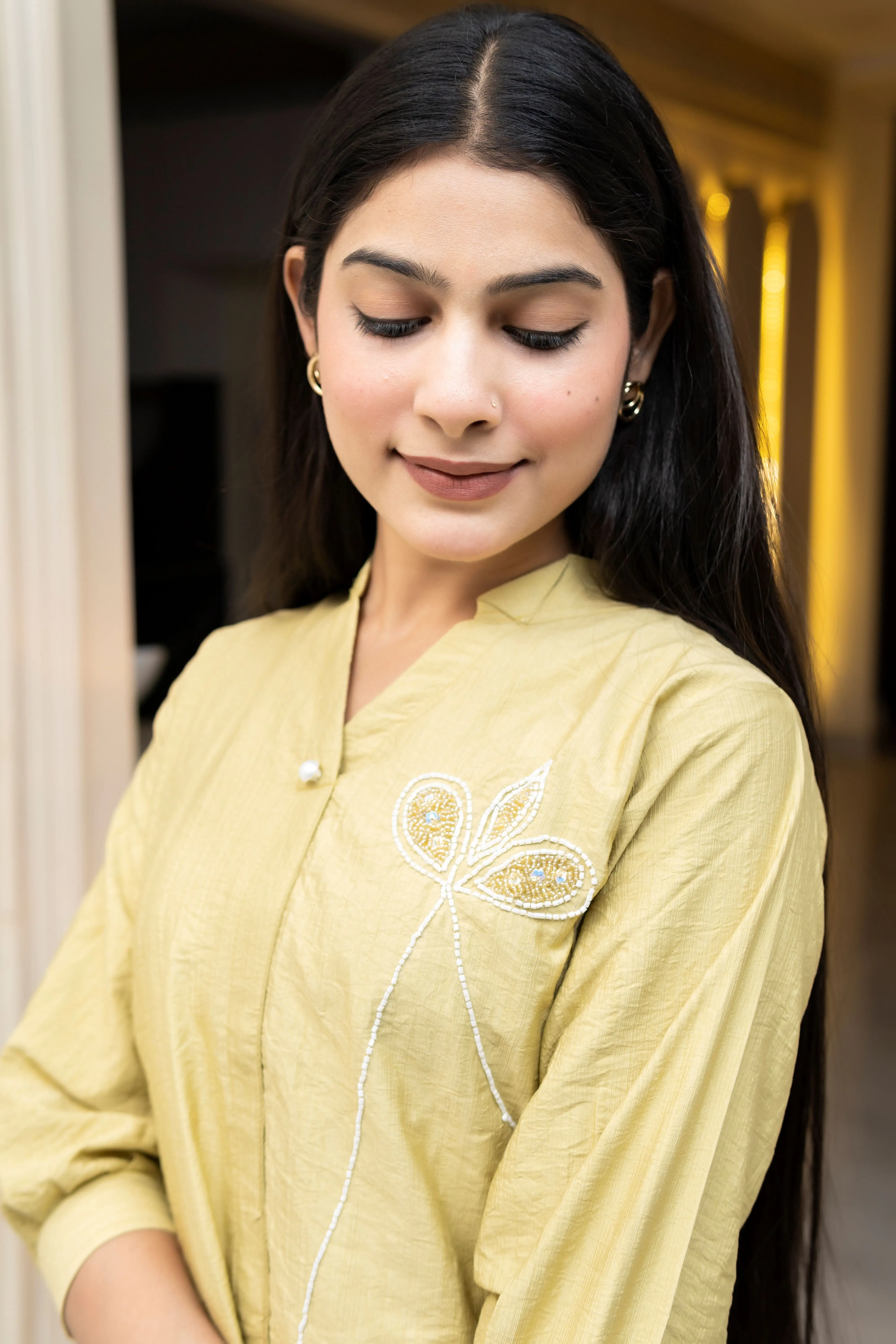 Sage Olive Mandarin Collar Top with Minimalist Leaf Beadwork view 2