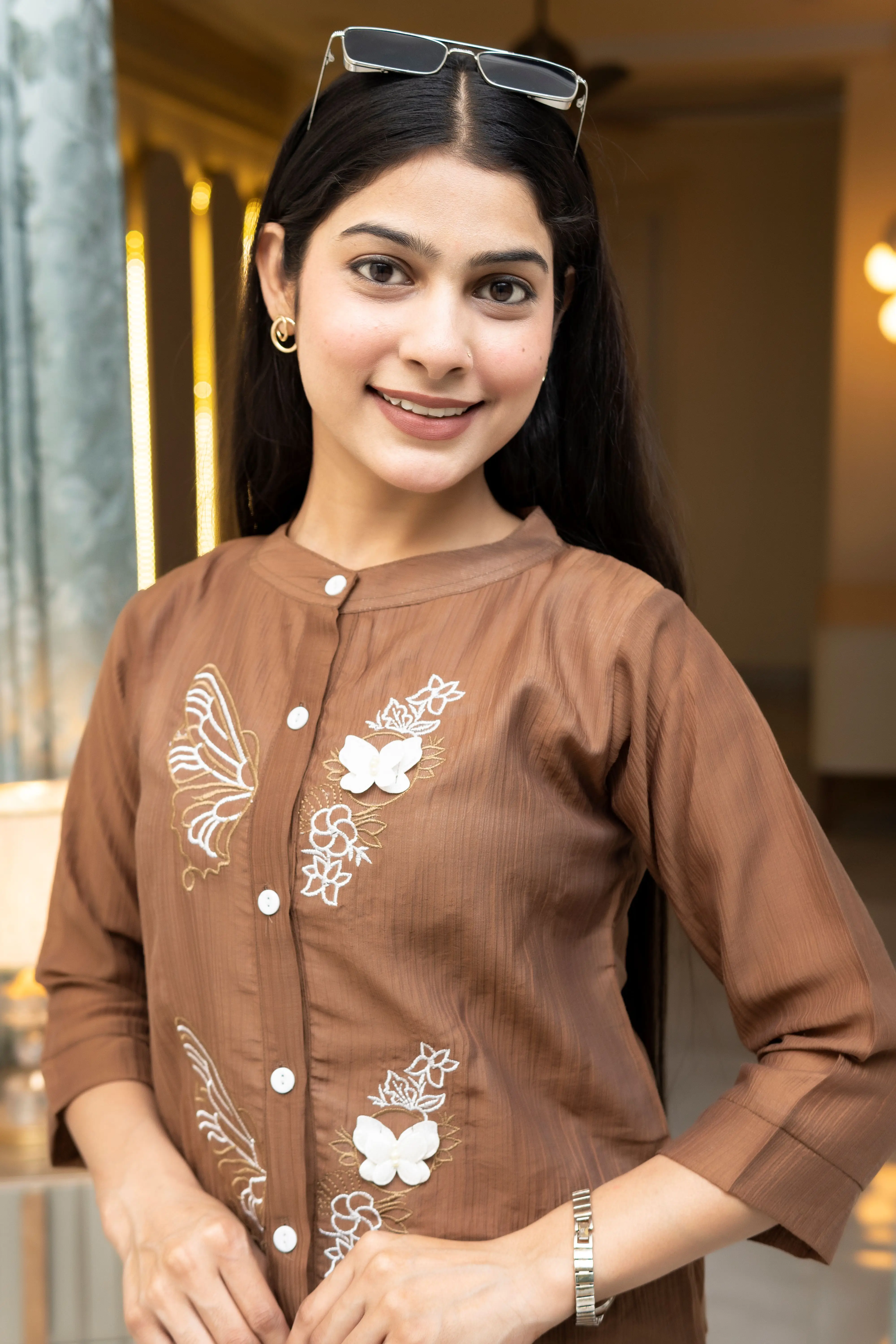 Chestnut Brown Butterfly Embroidered Button-Down Top view 2