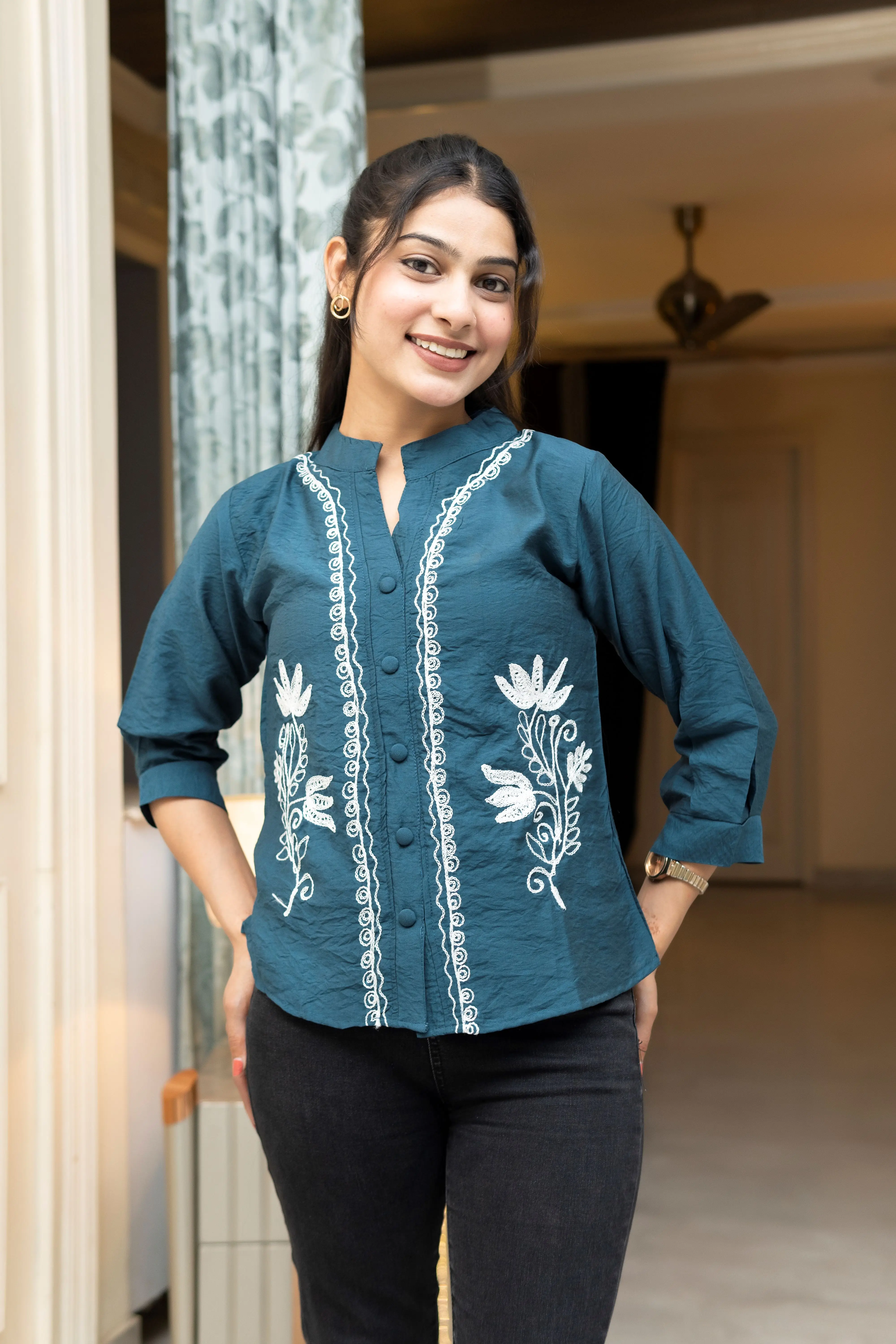 Deep Teal Mandarin Collar Top with Intricate White Scallop Embroidery