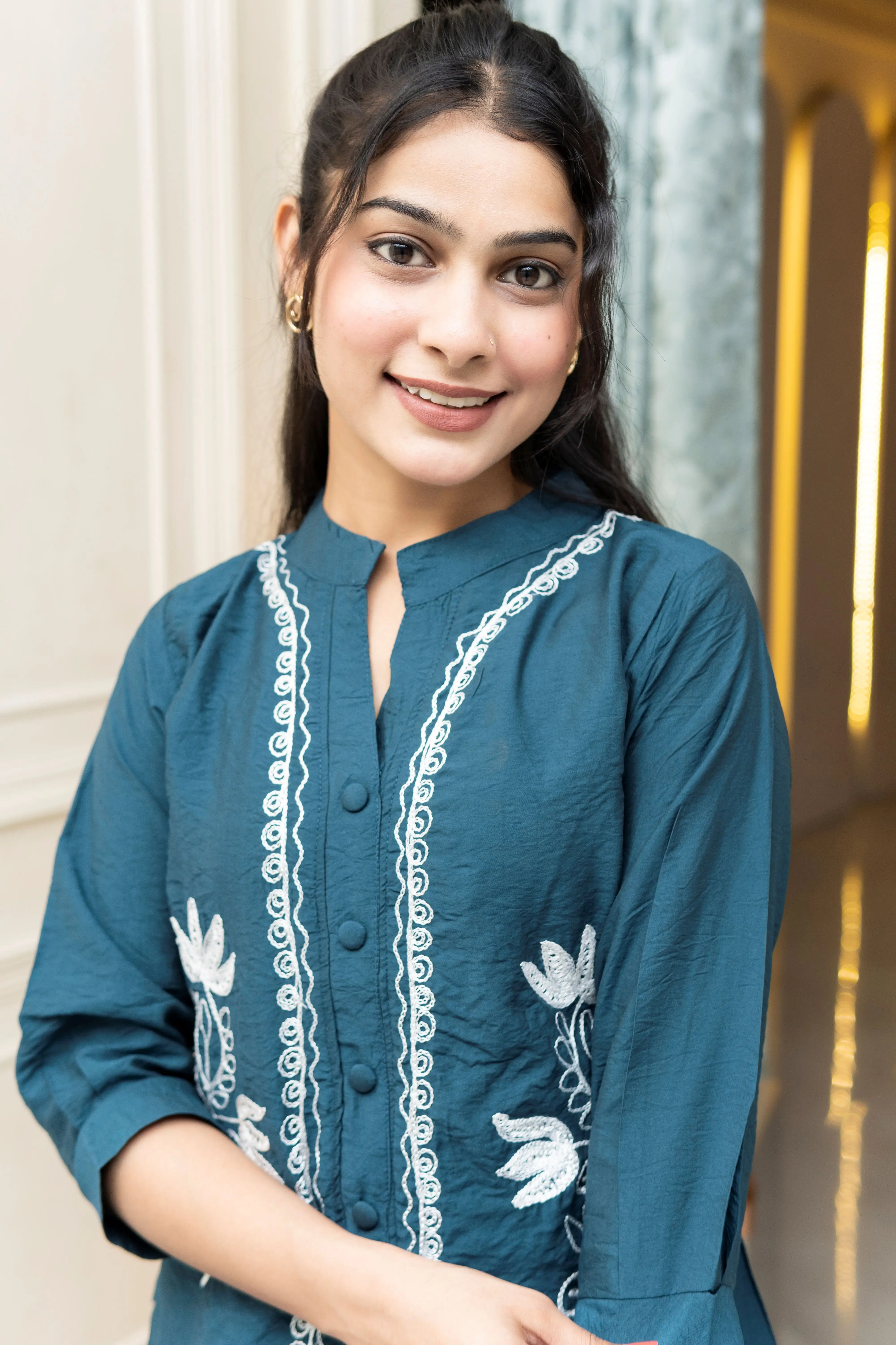 Deep Teal Mandarin Collar Top with Intricate White Scallop Embroidery view 2