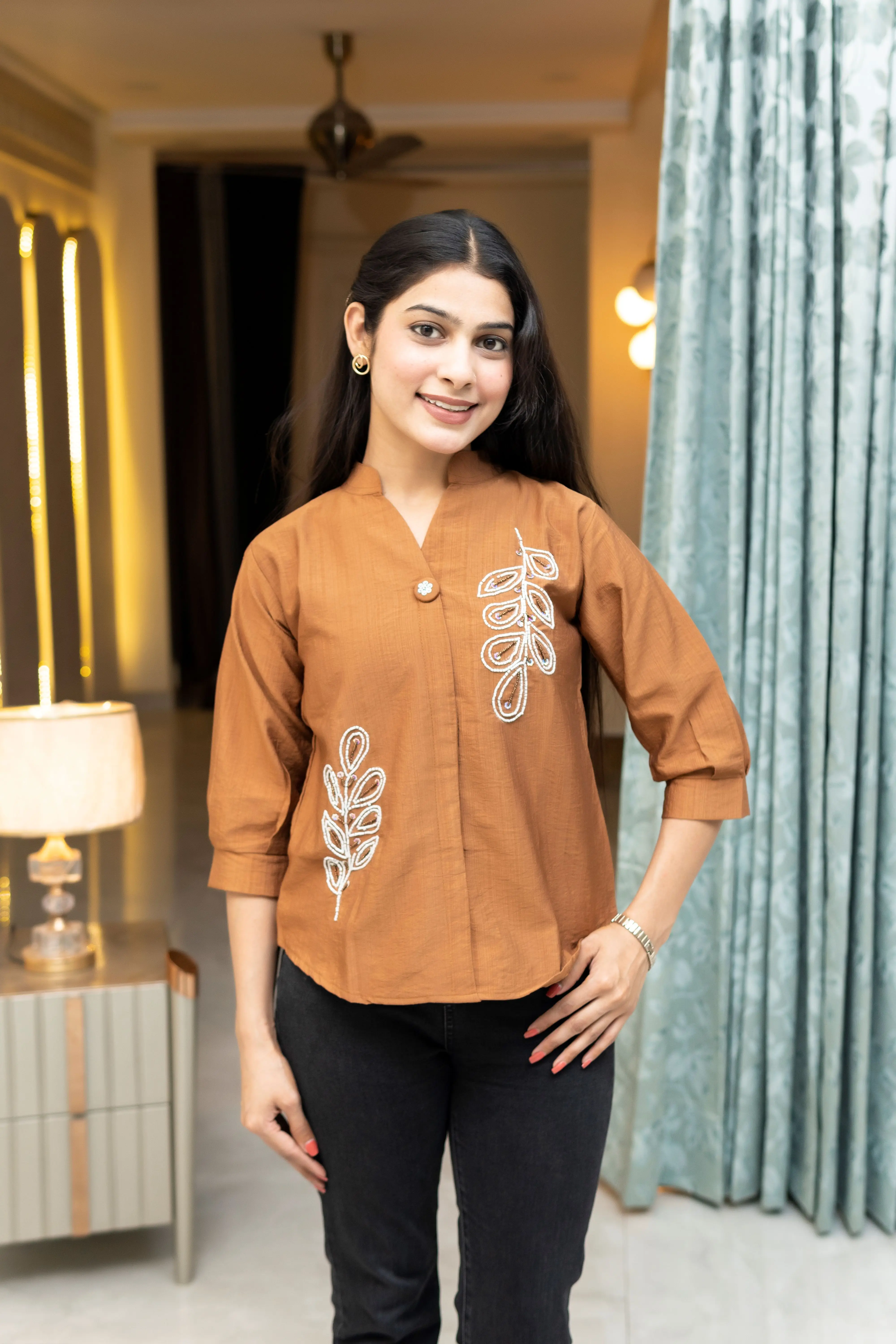 Rust Terracotta Mandarin V-Neck Top with White Leaf Beadwork