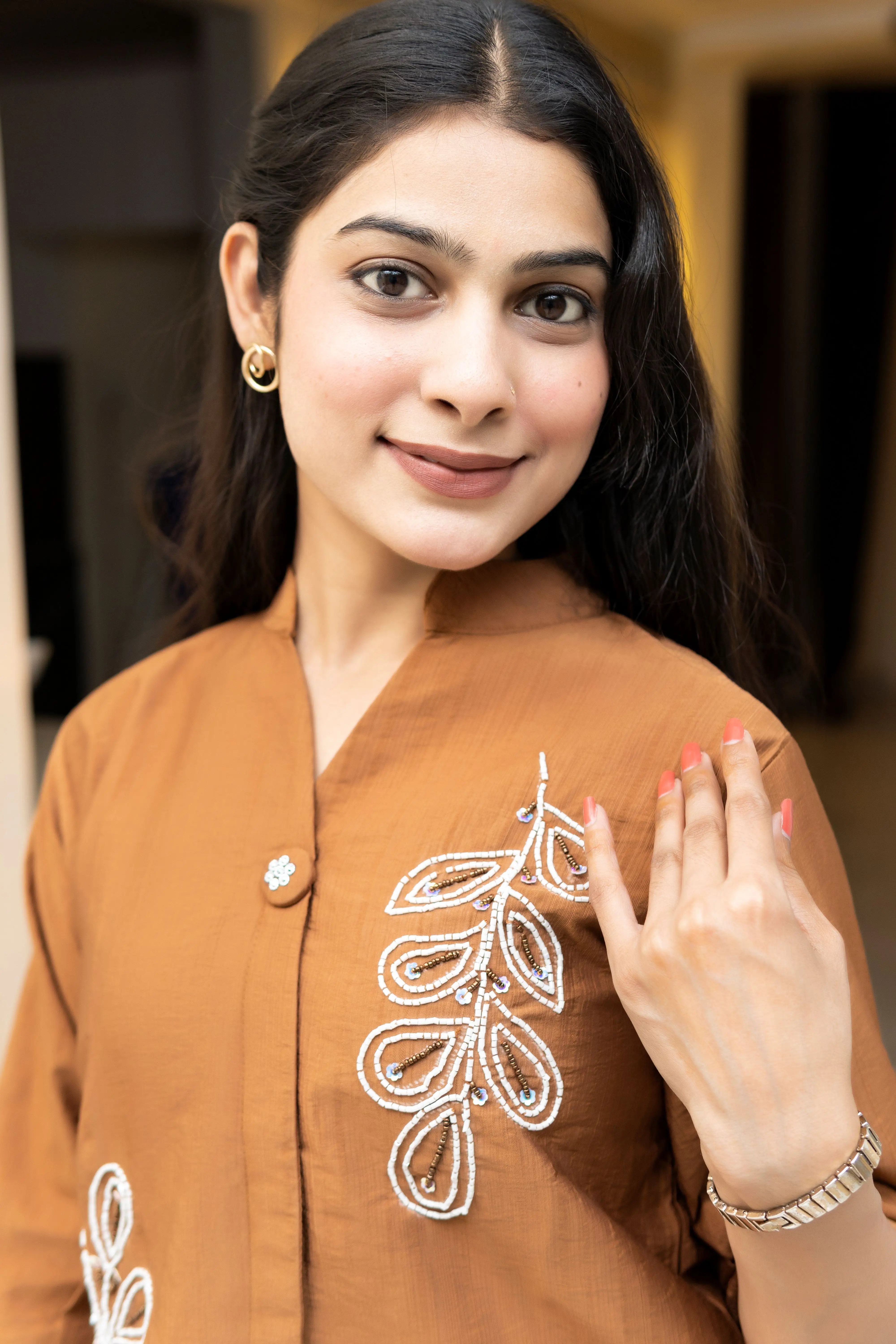 Rust Terracotta Mandarin V-Neck Top with White Leaf Beadwork view 2