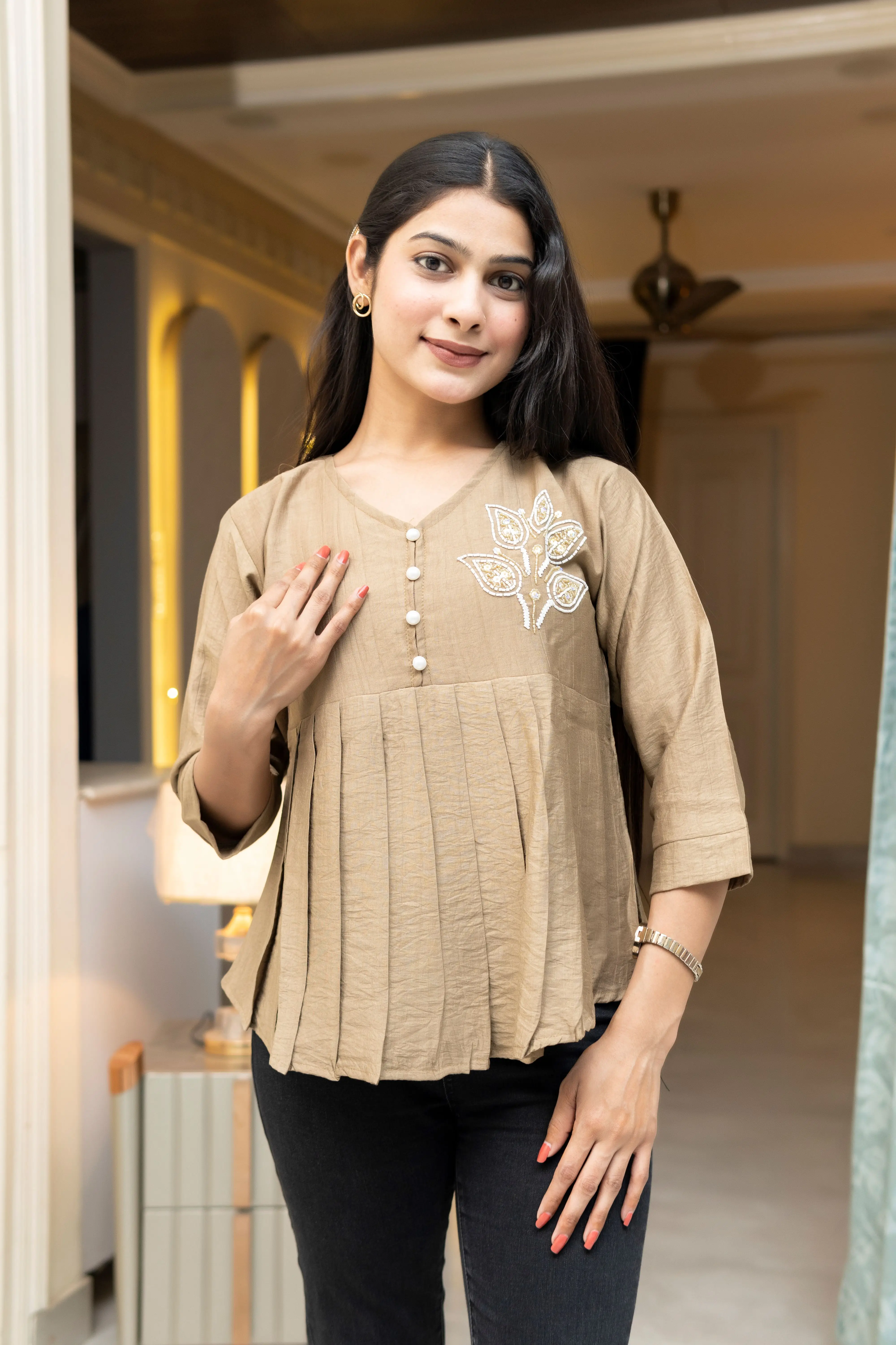 Taupe Beige Pleated Peplum Top with Pearl Button Accents