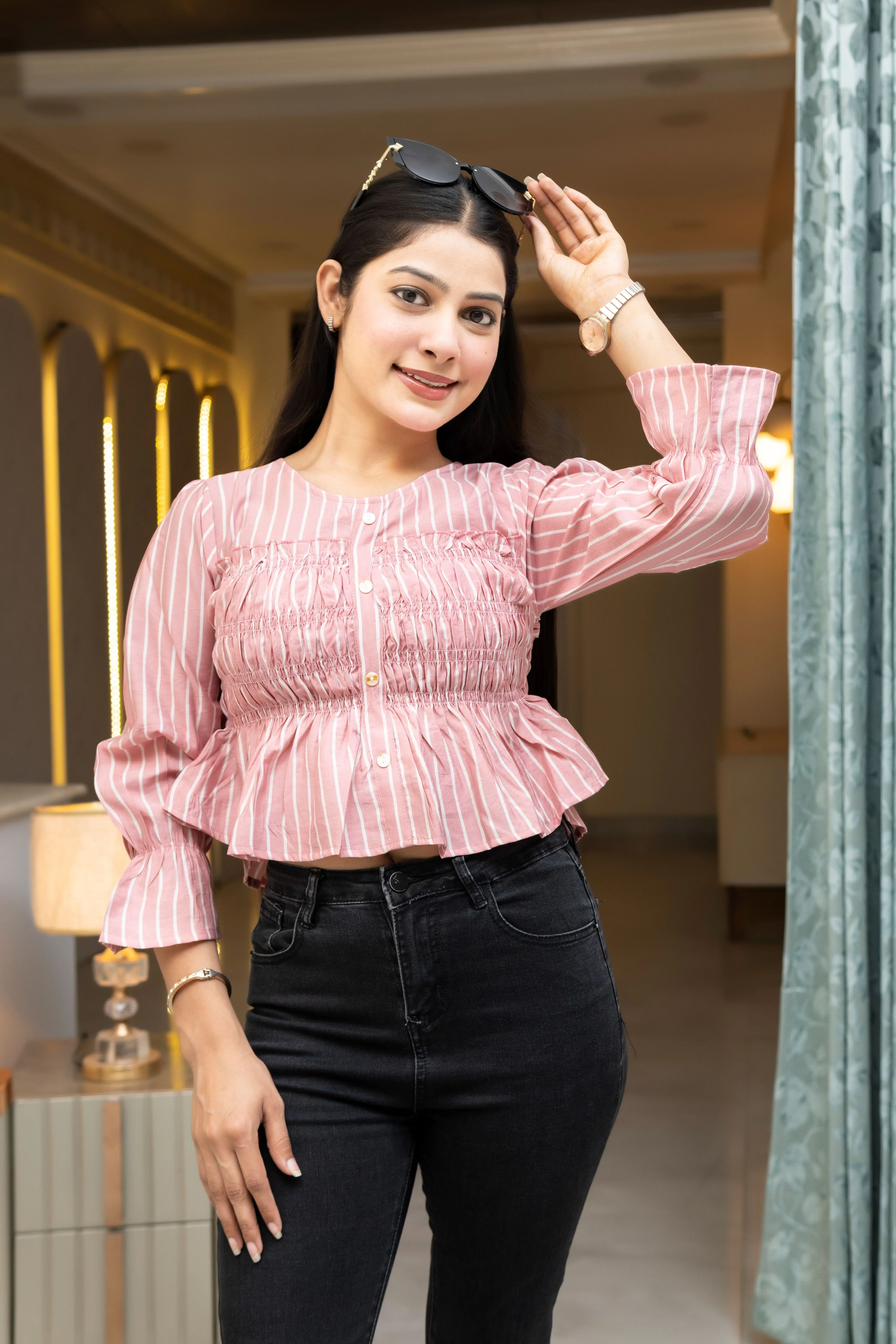 Rose Quartz Striped Crop Blouse with Elasticated Bodice