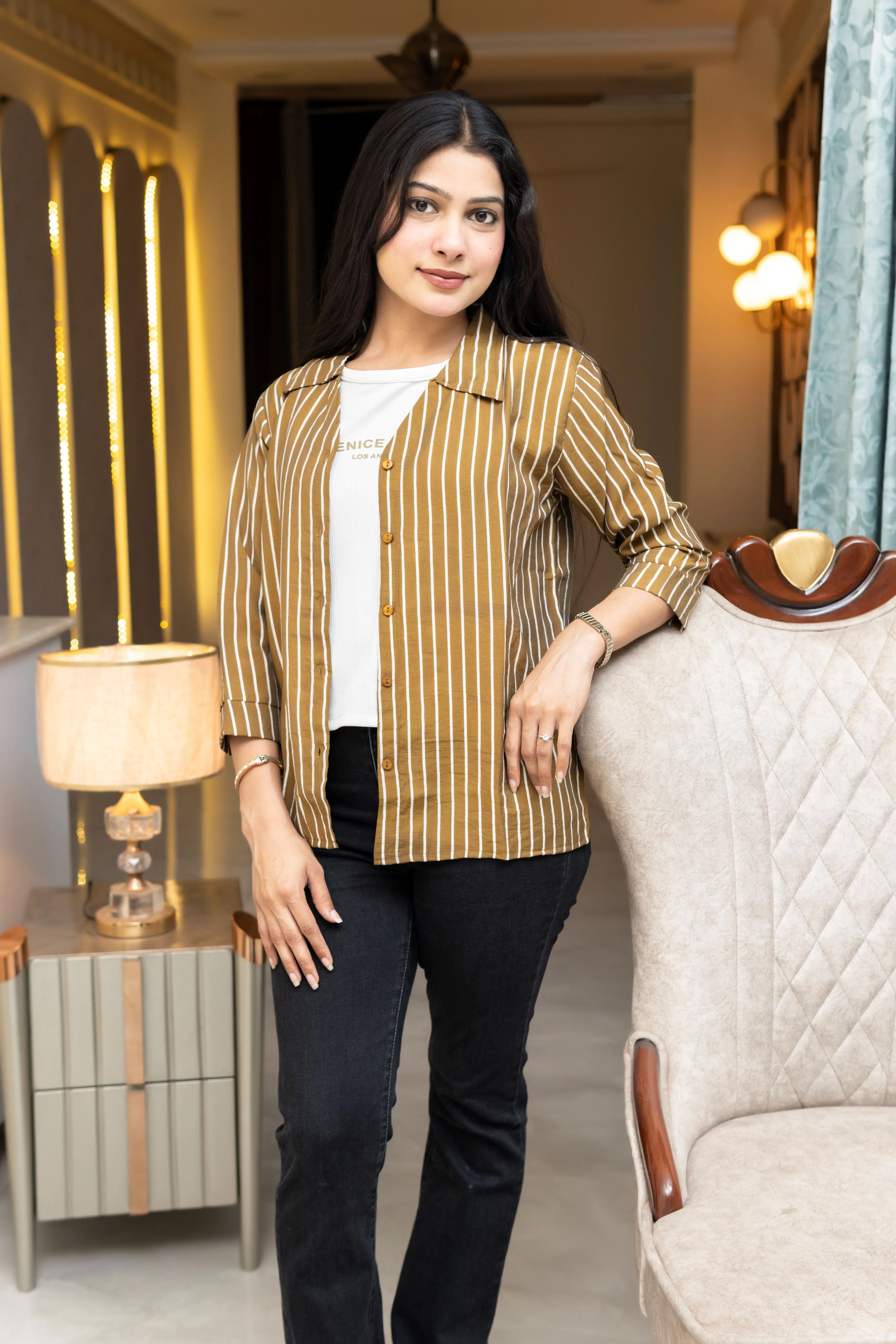 Mustard Pinstripe Utility Shirt Combo with Graphic Inner Top