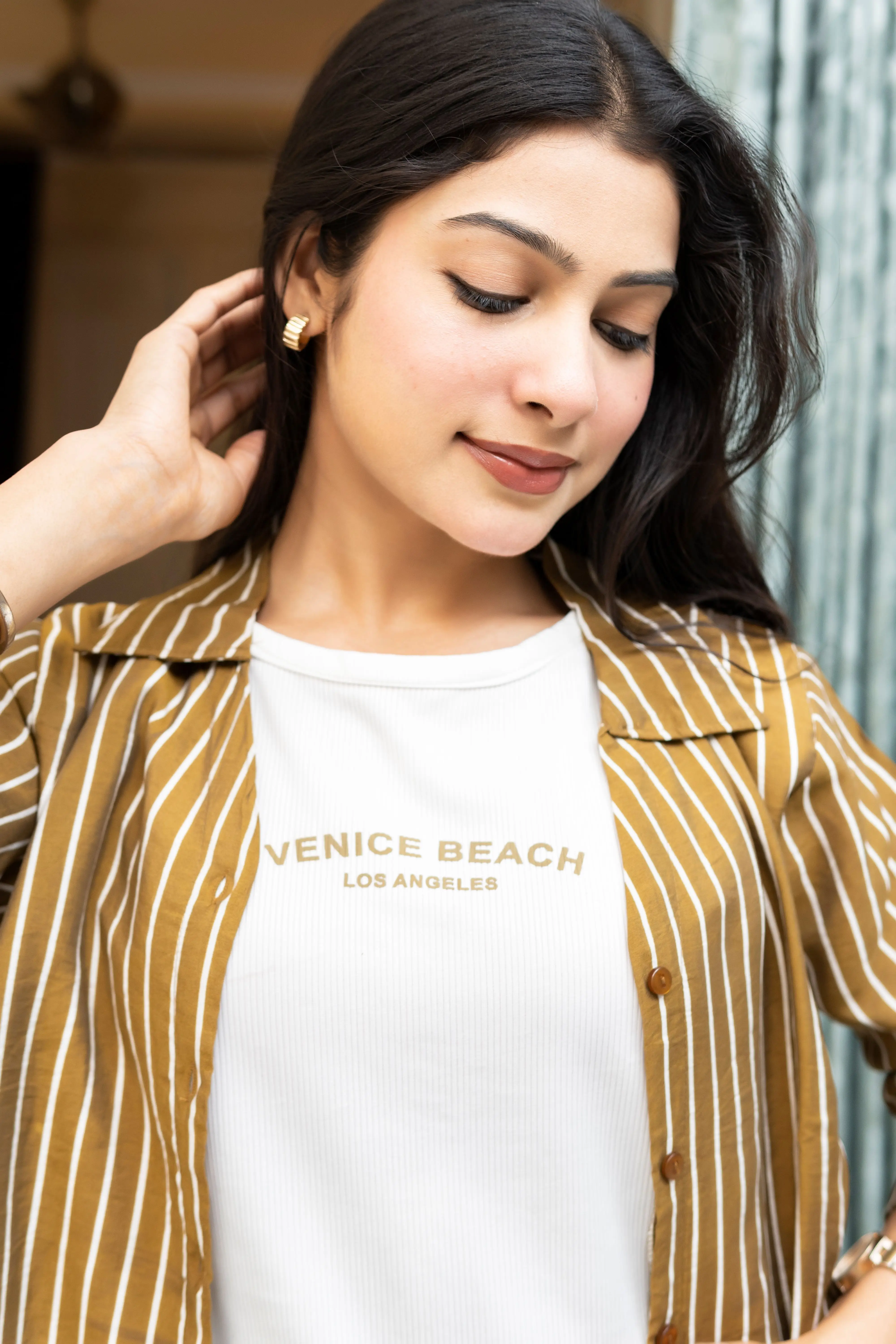Mustard Pinstripe Utility Shirt Combo with Graphic Inner Top view 2