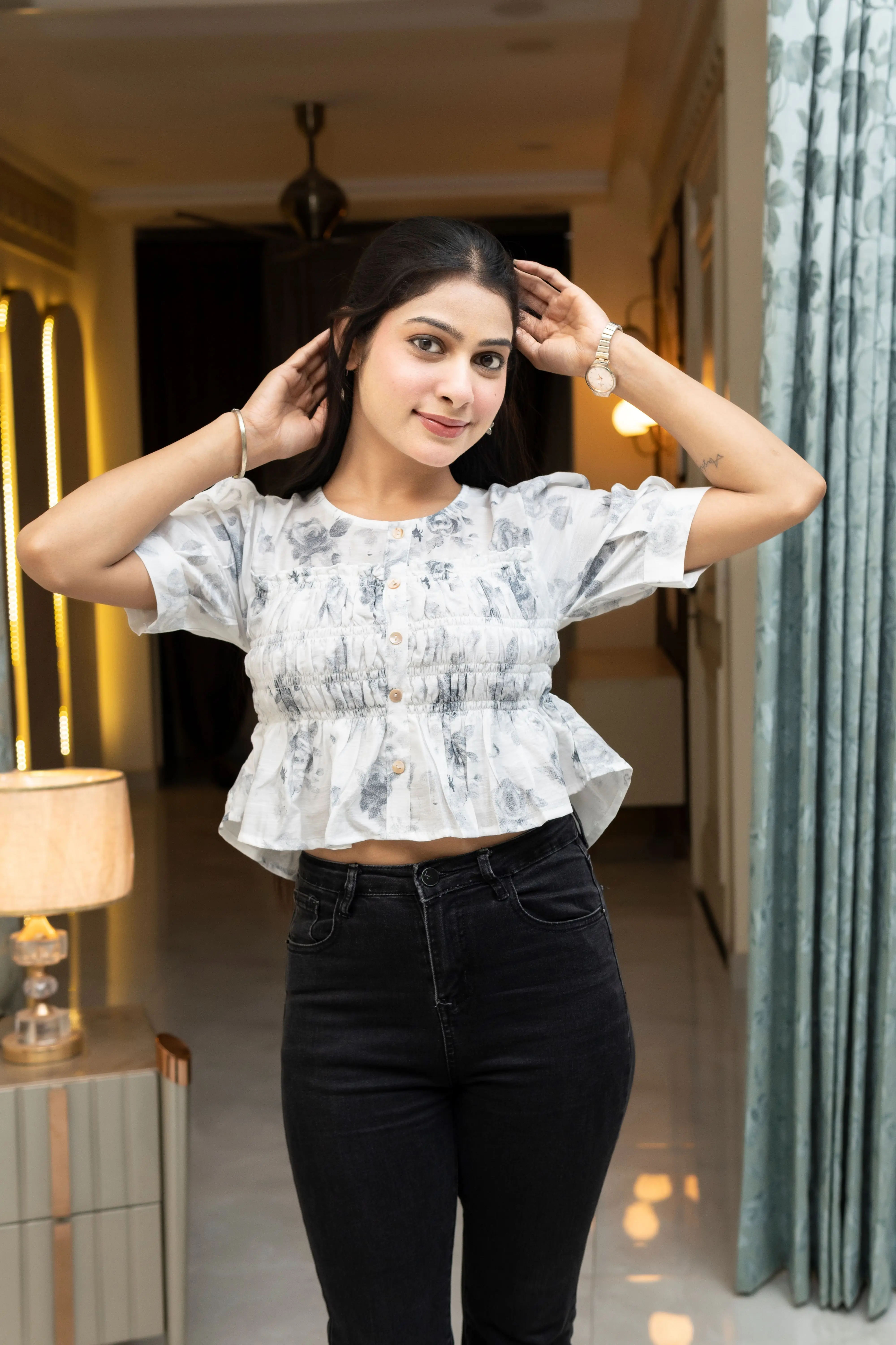 Ivory Floral Print Smocked Peplum Crop Top with Puff Sleeves