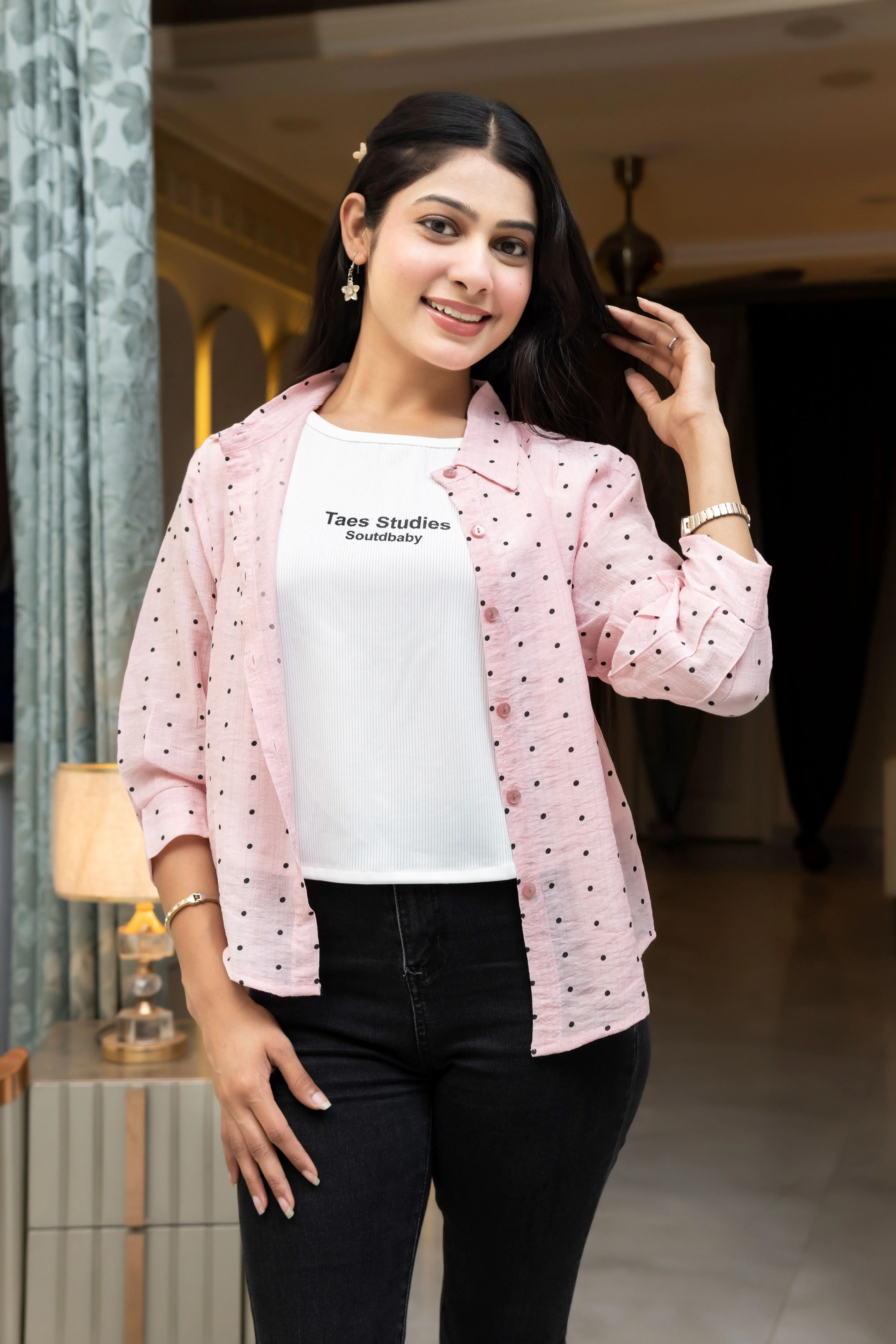 Rose Quartz Dotted Utility Shirt Combo with Ribbed Inner Top
