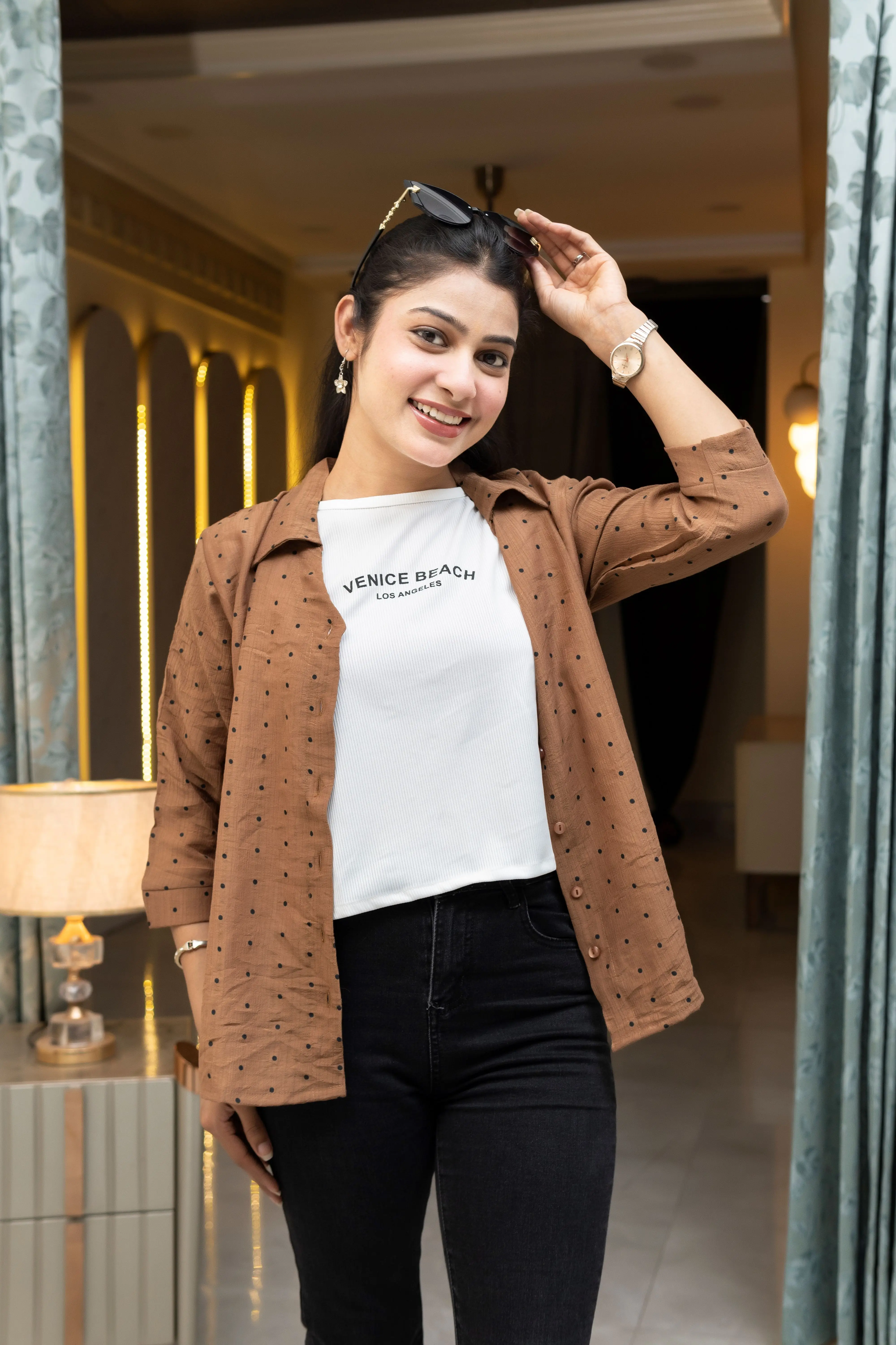 Chestnut Brown Polka-Dot Open-Front Shirt and Graphic Tee Set
