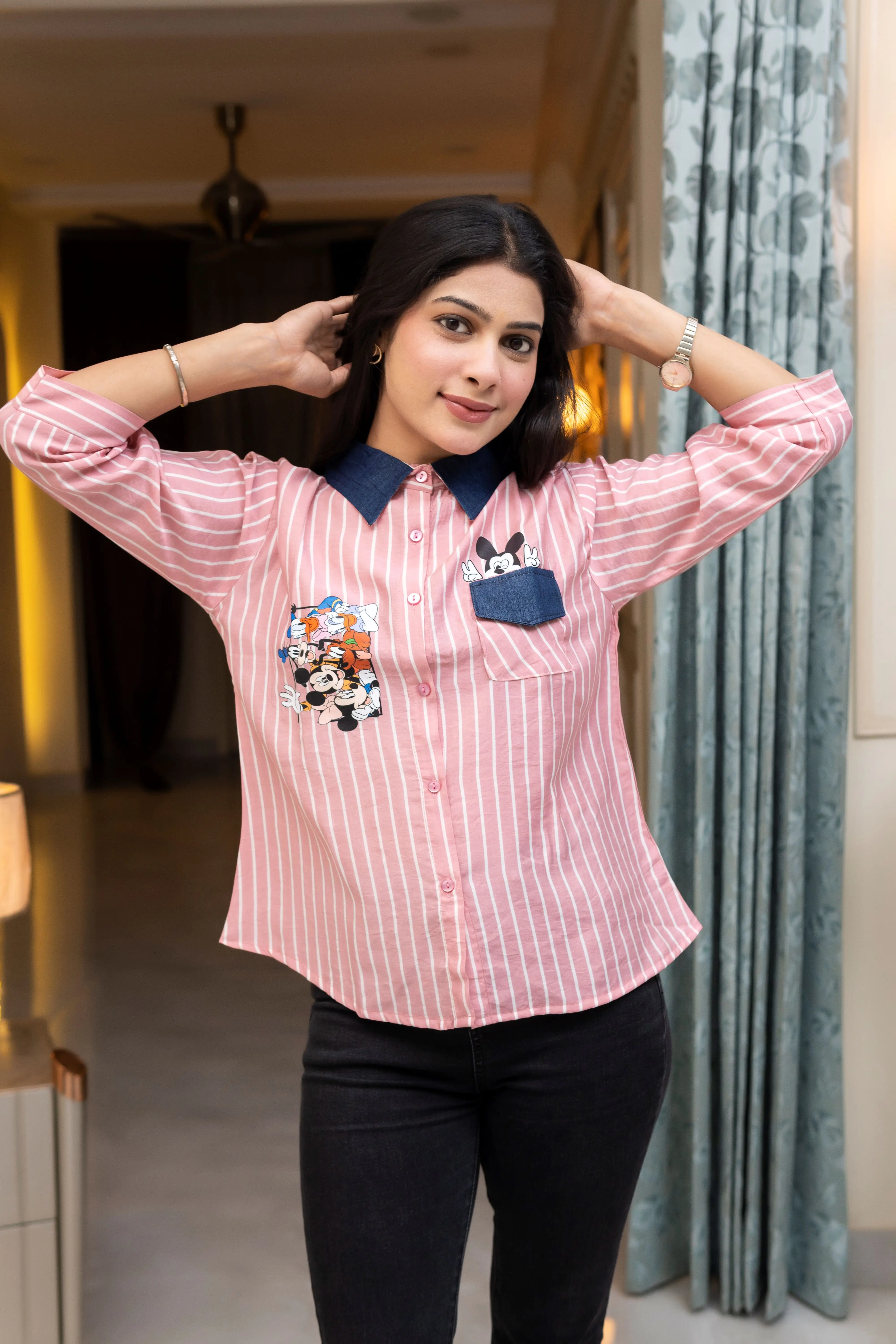 Blush Pink Striped Cartoon Patch Shirt with Denim Collar
